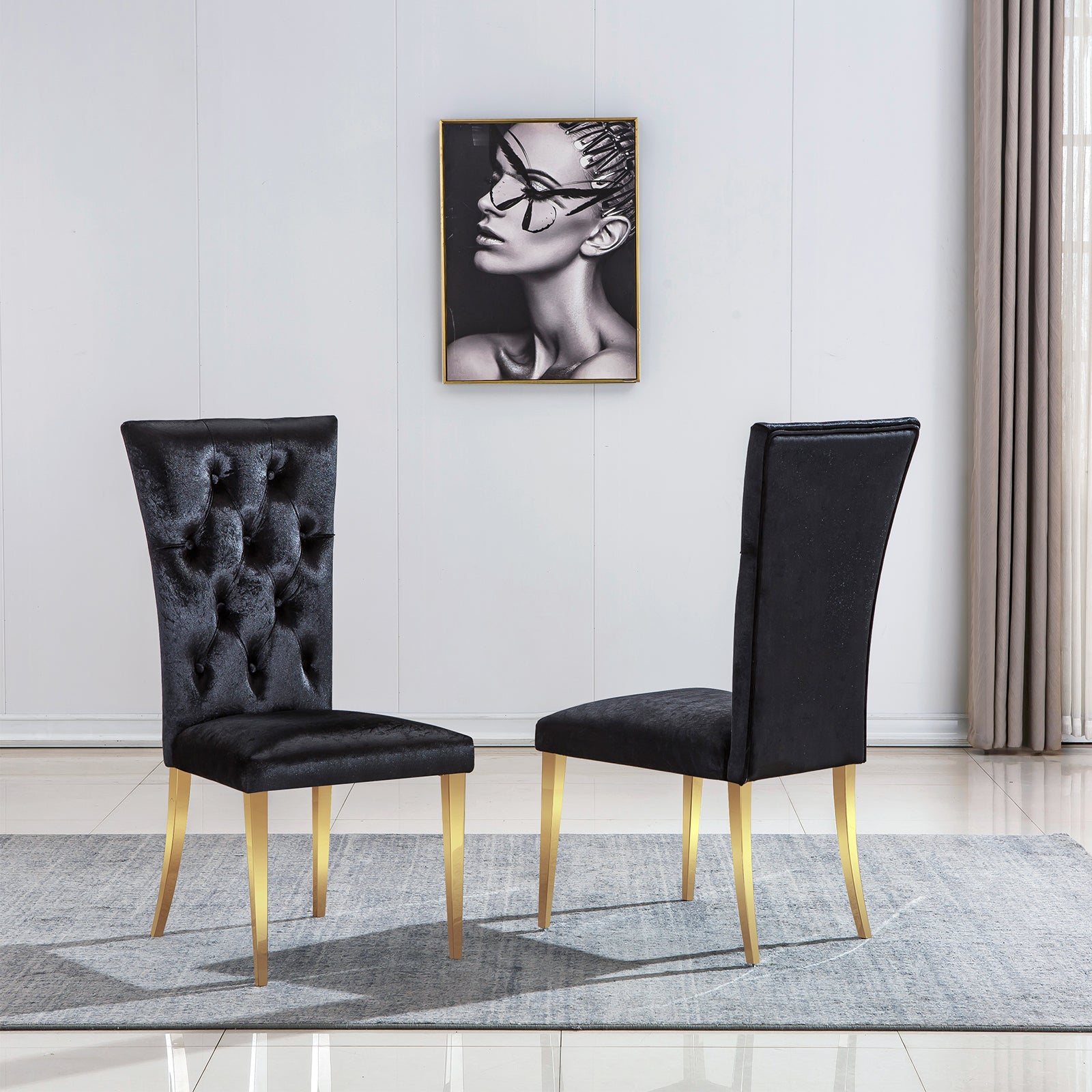 Luxurious and Elegant: Black Tufted Velvet Dining Chairs with Gold Stainless Steel Legs