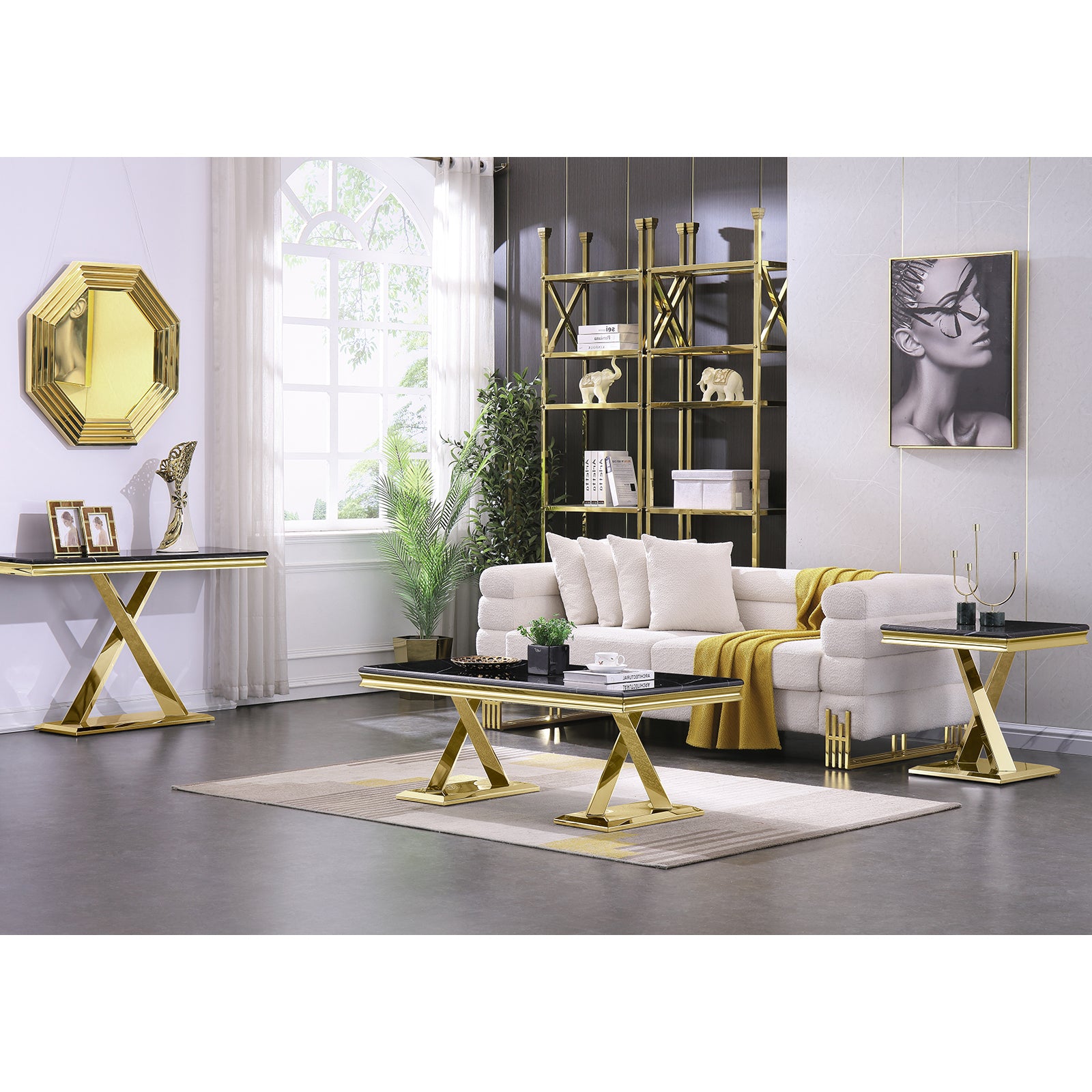 Black Gold Coffee Table With Metal X Base | F303
