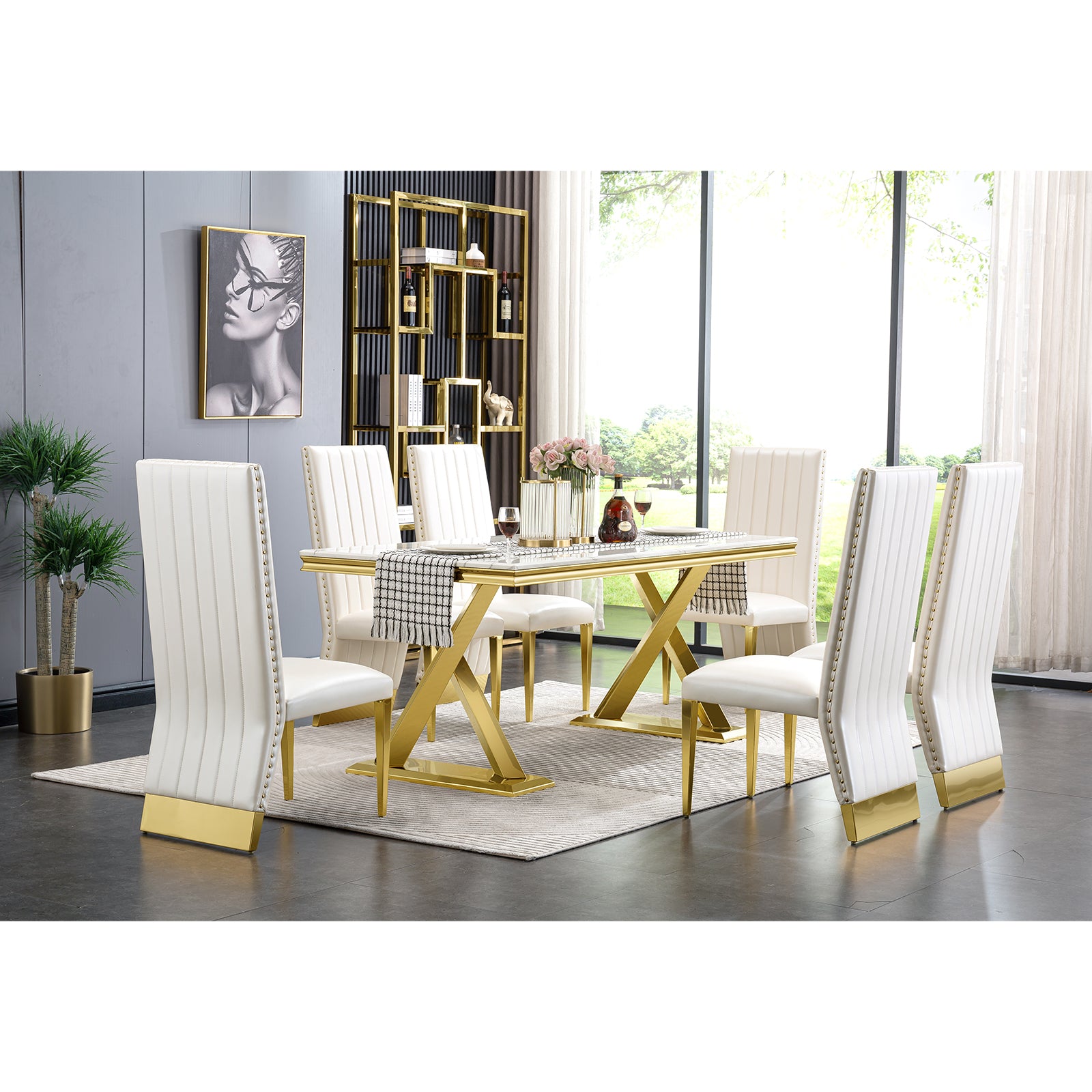 604-Set | AUZ White and Gold Dining room Sets for 6
