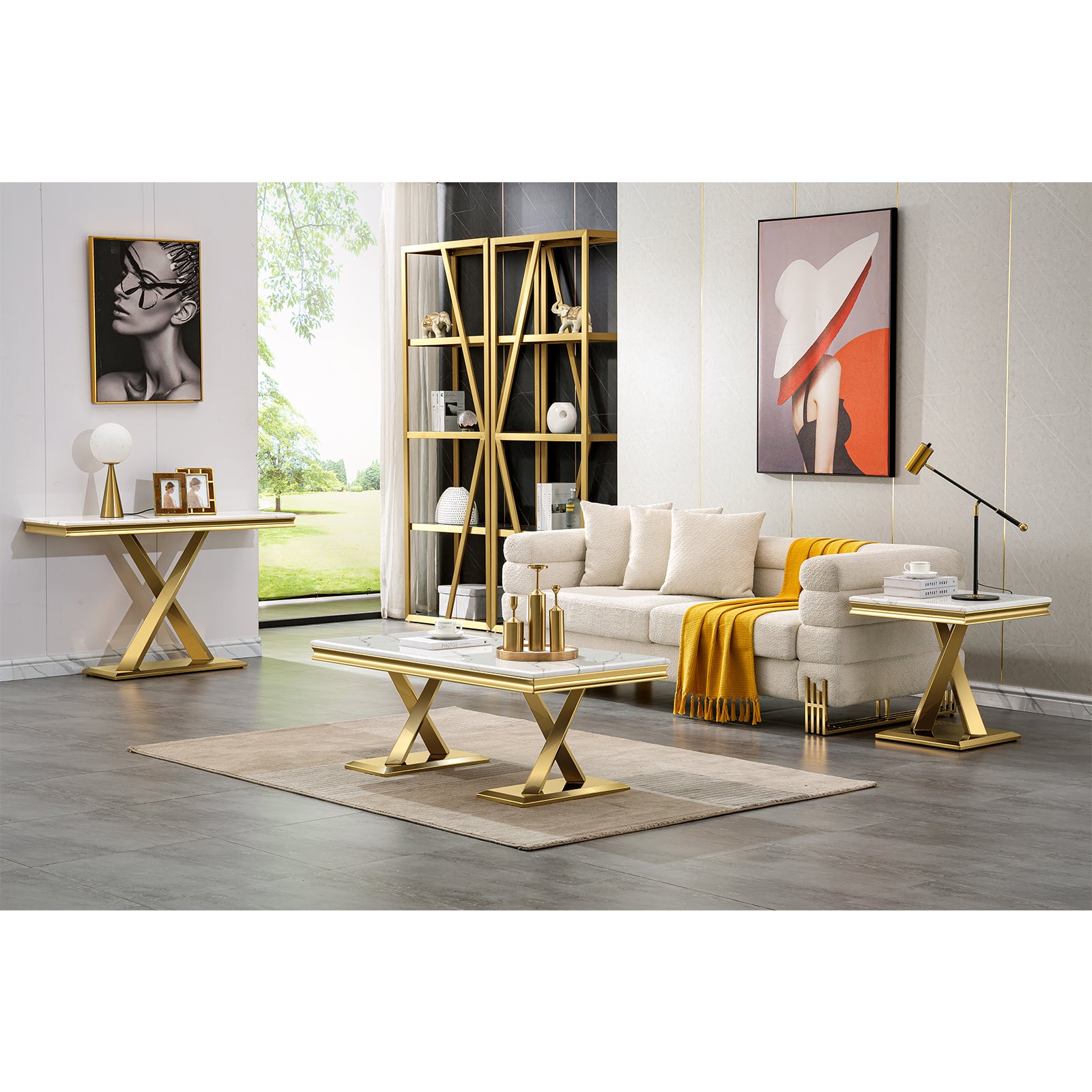 White Gold Coffee Table With Metal X Base | F304