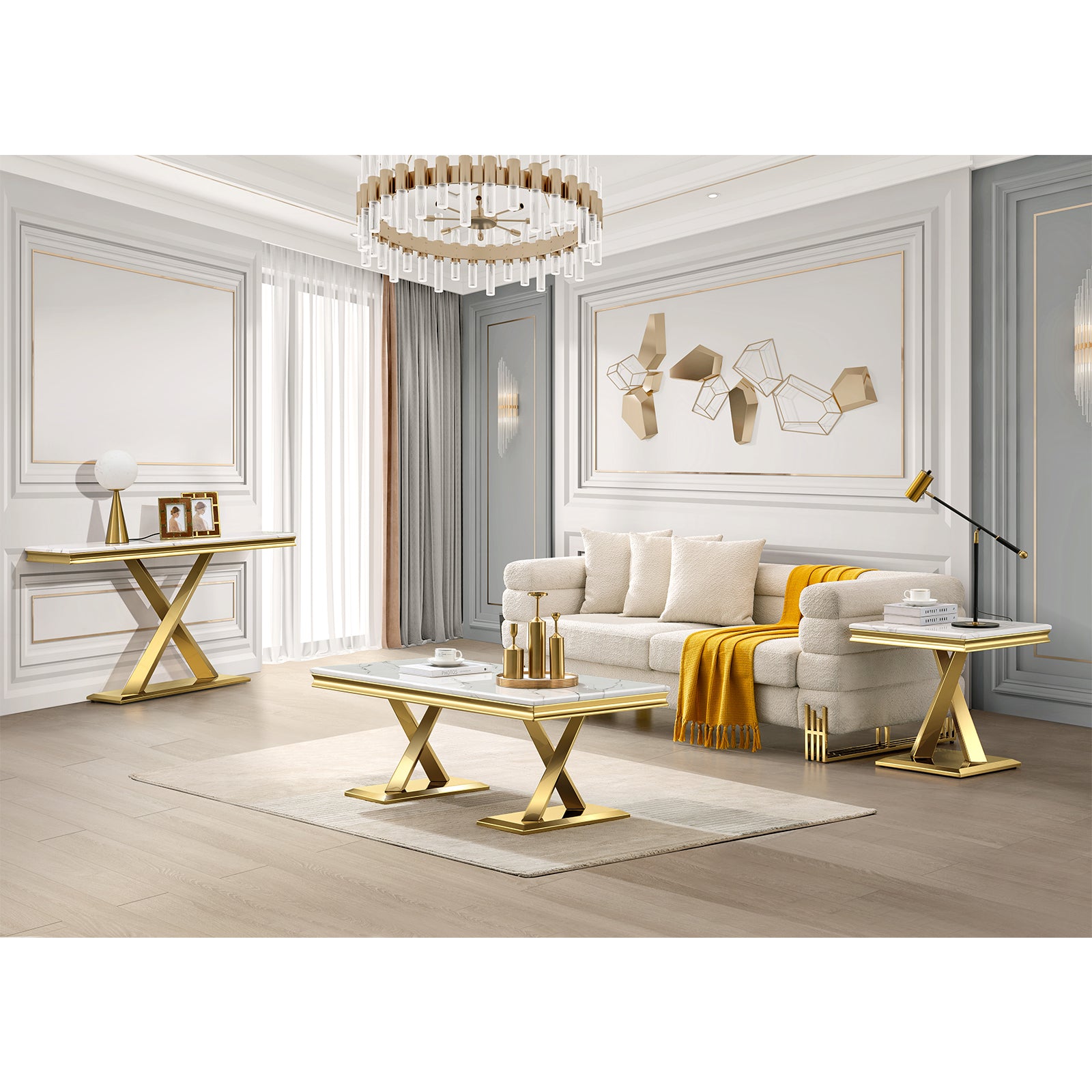 White  End Table with gold x base | E403