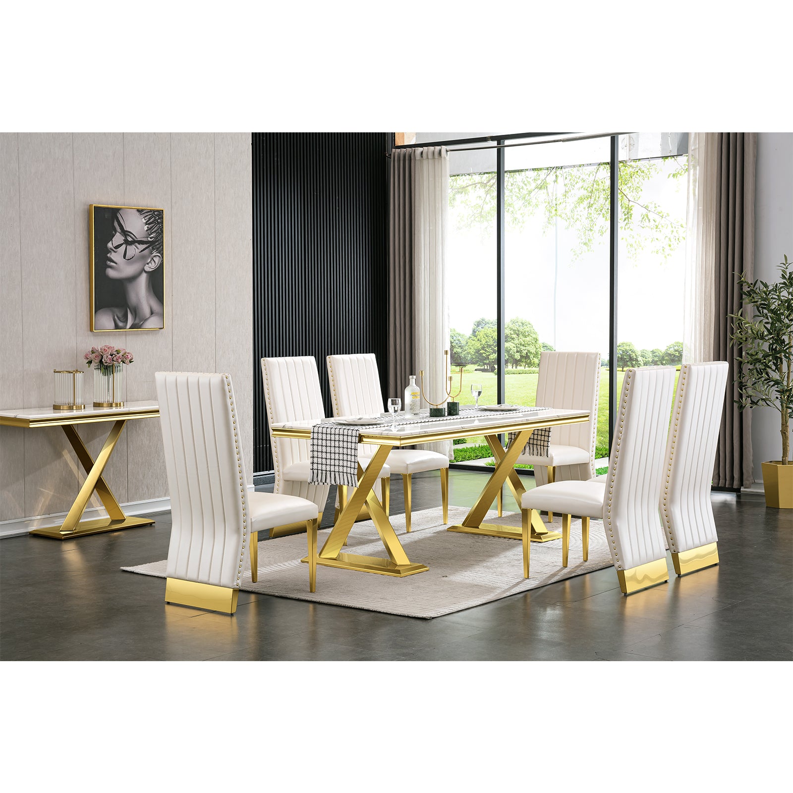 White Gold DIning table | 72" Rectangle Top |  Metal X legs | T213