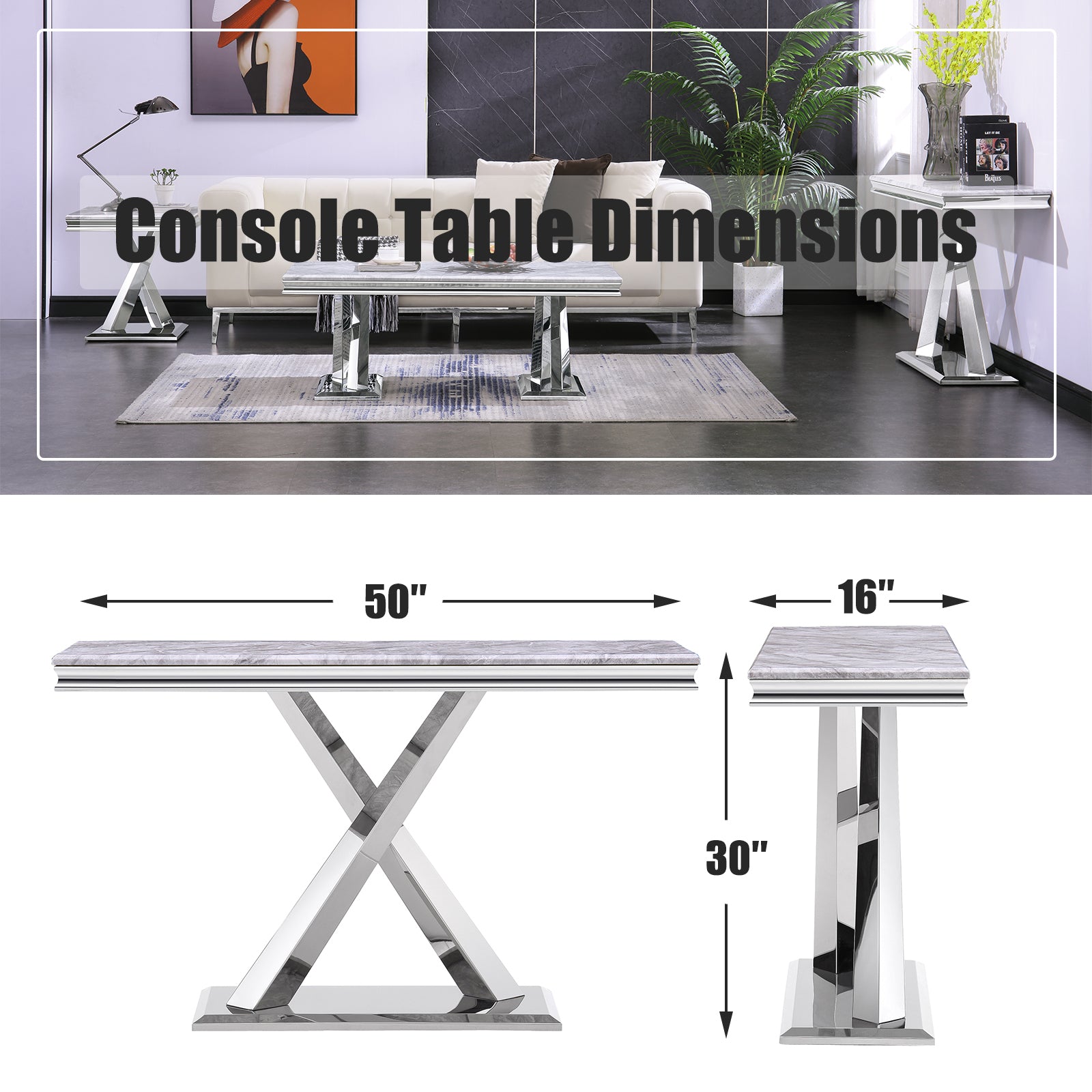 Silver Gray Sofa Table with Metal X- Base | S510
