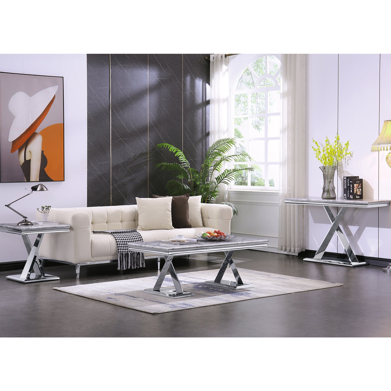 Silver End Table with metal x base | E405