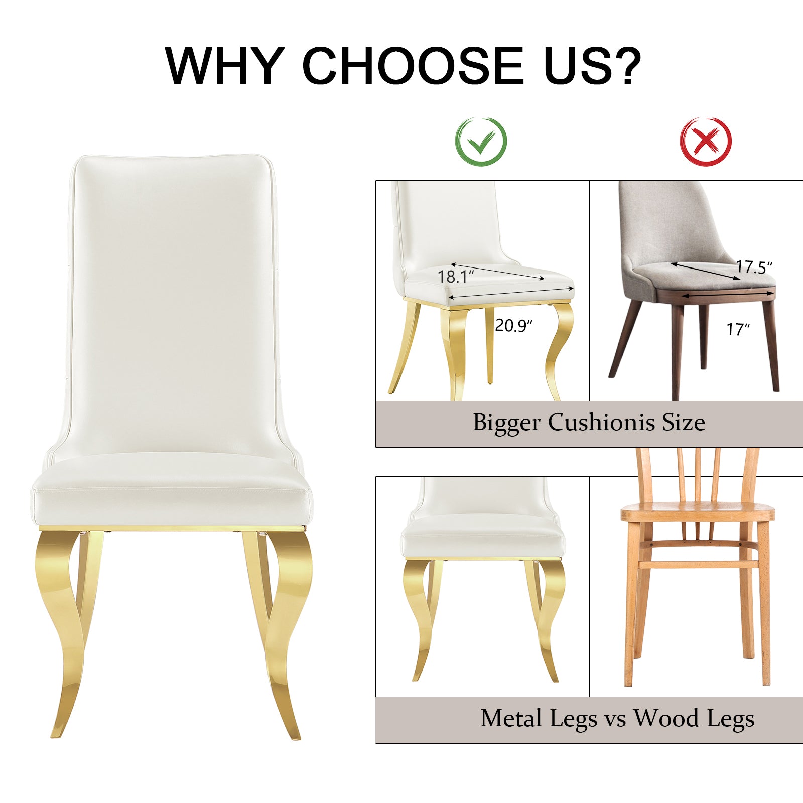 White and Gold leather Dining Chairs with Gold metal legs | C163