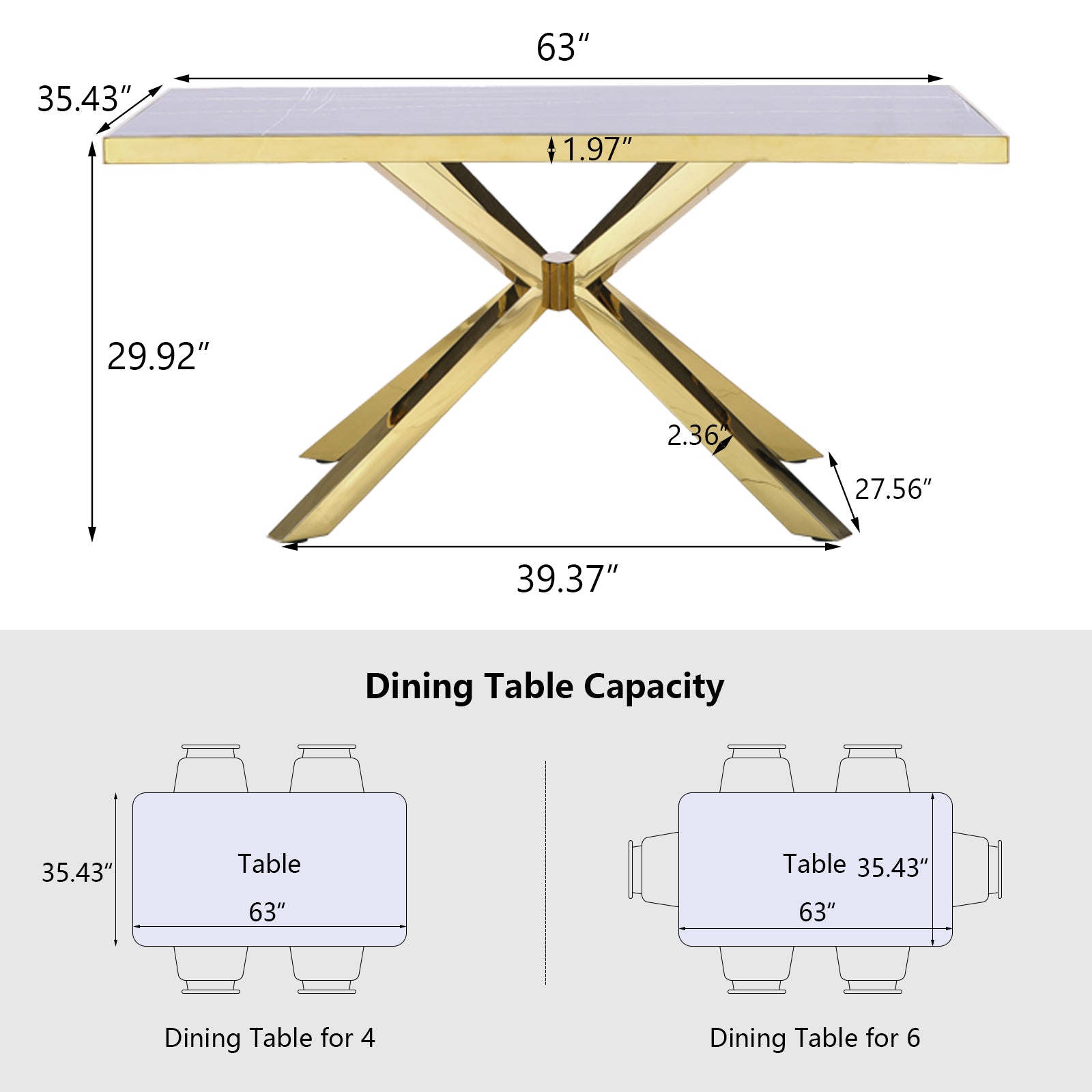Black Gold dining table | 63" Black rectangle Top | Metal X-Base | T221