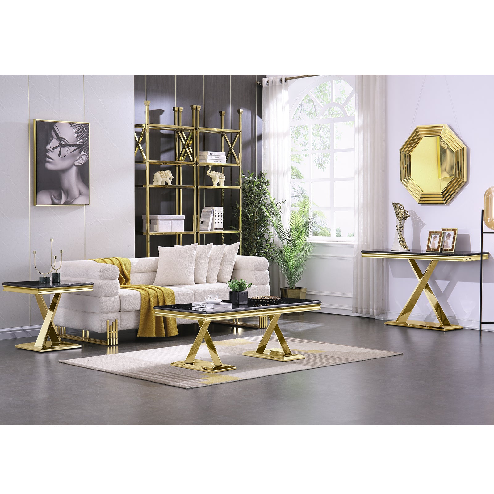 Black End Table with gold x base | E404