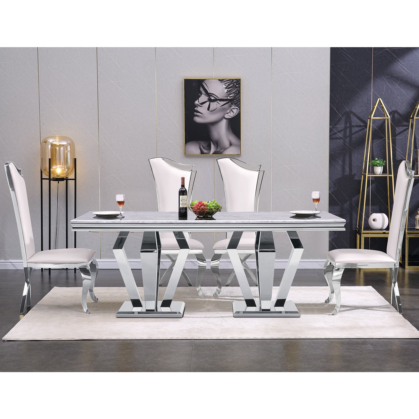 White leather  Dining Chairs | Streamlined High backrest | Silver Metal Legs | C165