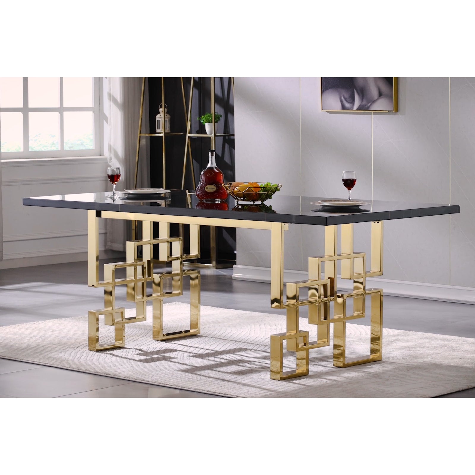 Black dining table | 78" Rectangle Top | Gold Metal geometric legs | T218
