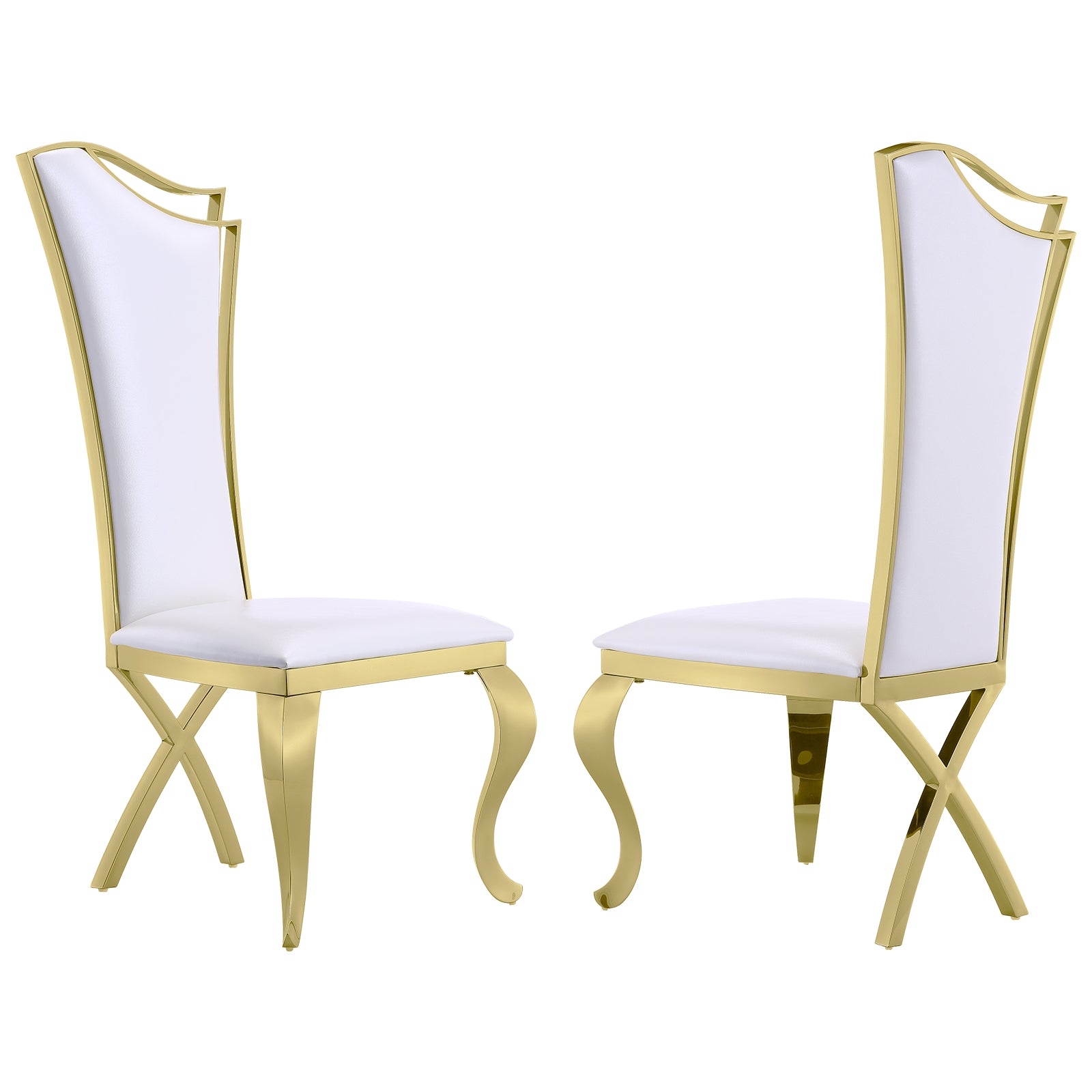 White Leather Upholstered Dining Chairs with Gorgeous Streamlined High Back and X-Shaped Metal Legs | C168