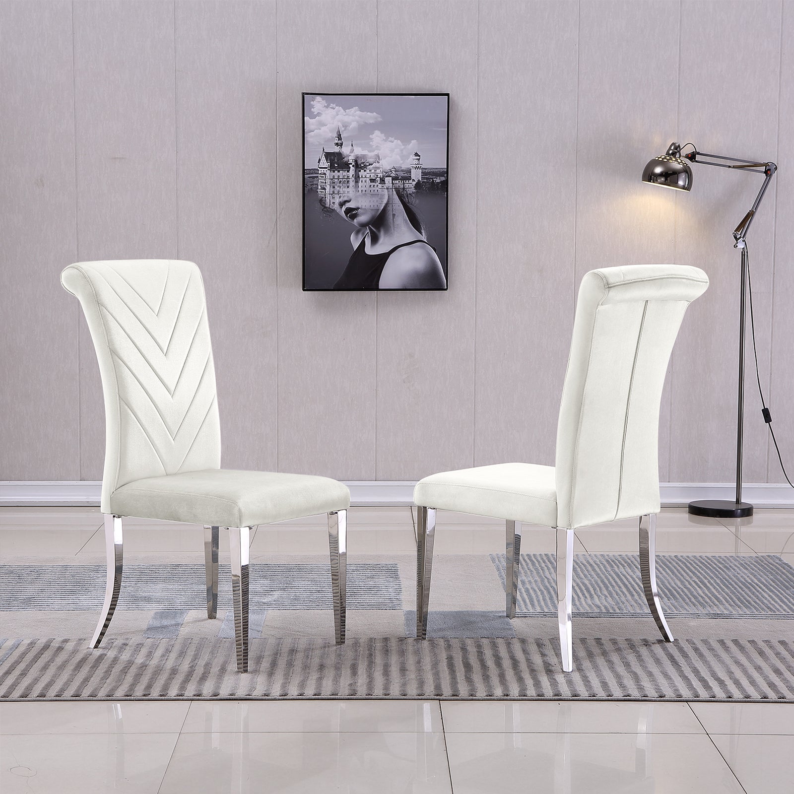 White velvet dining chairs | High Rolled Back | Silver metal legs | C171