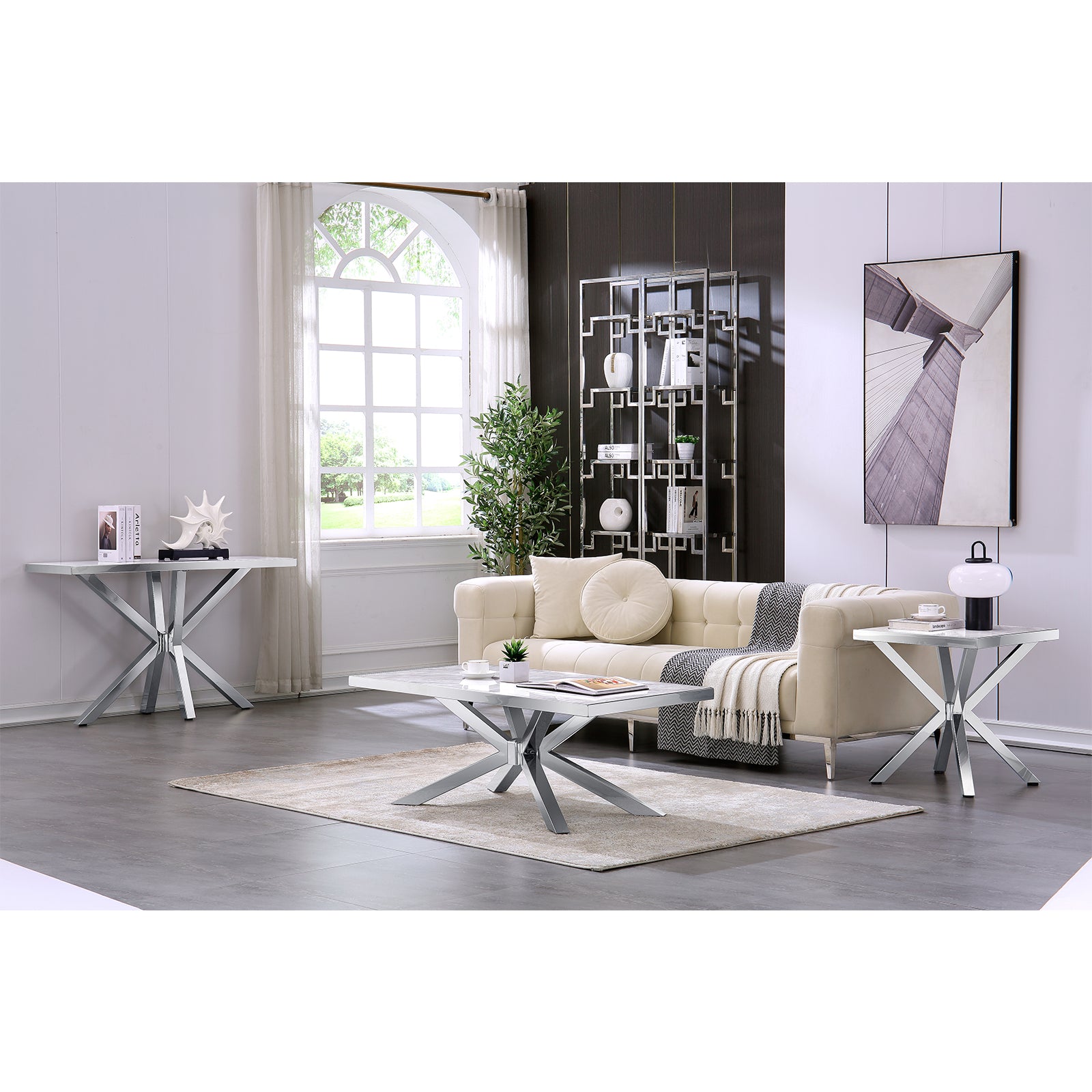 Silver and Gray Living room table Set| Metal X Base | L216