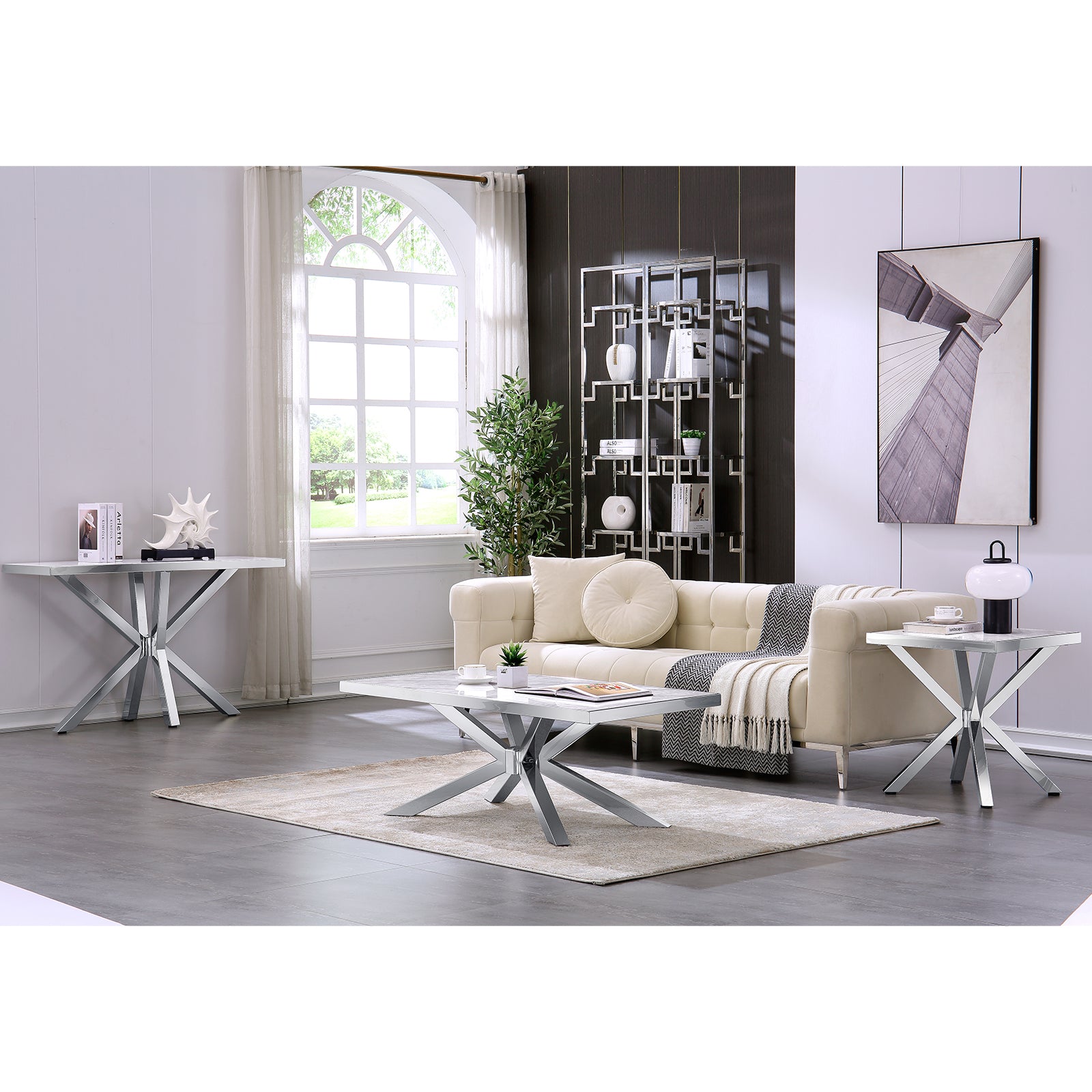 Silver End Table with Metal Cross Base  | E409
