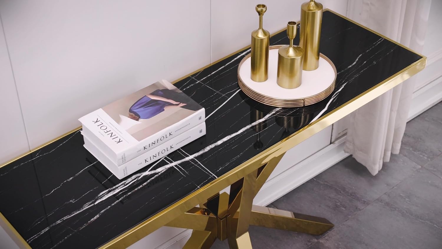 Black Gold Sofa Table with Metal Cross Legs | S516