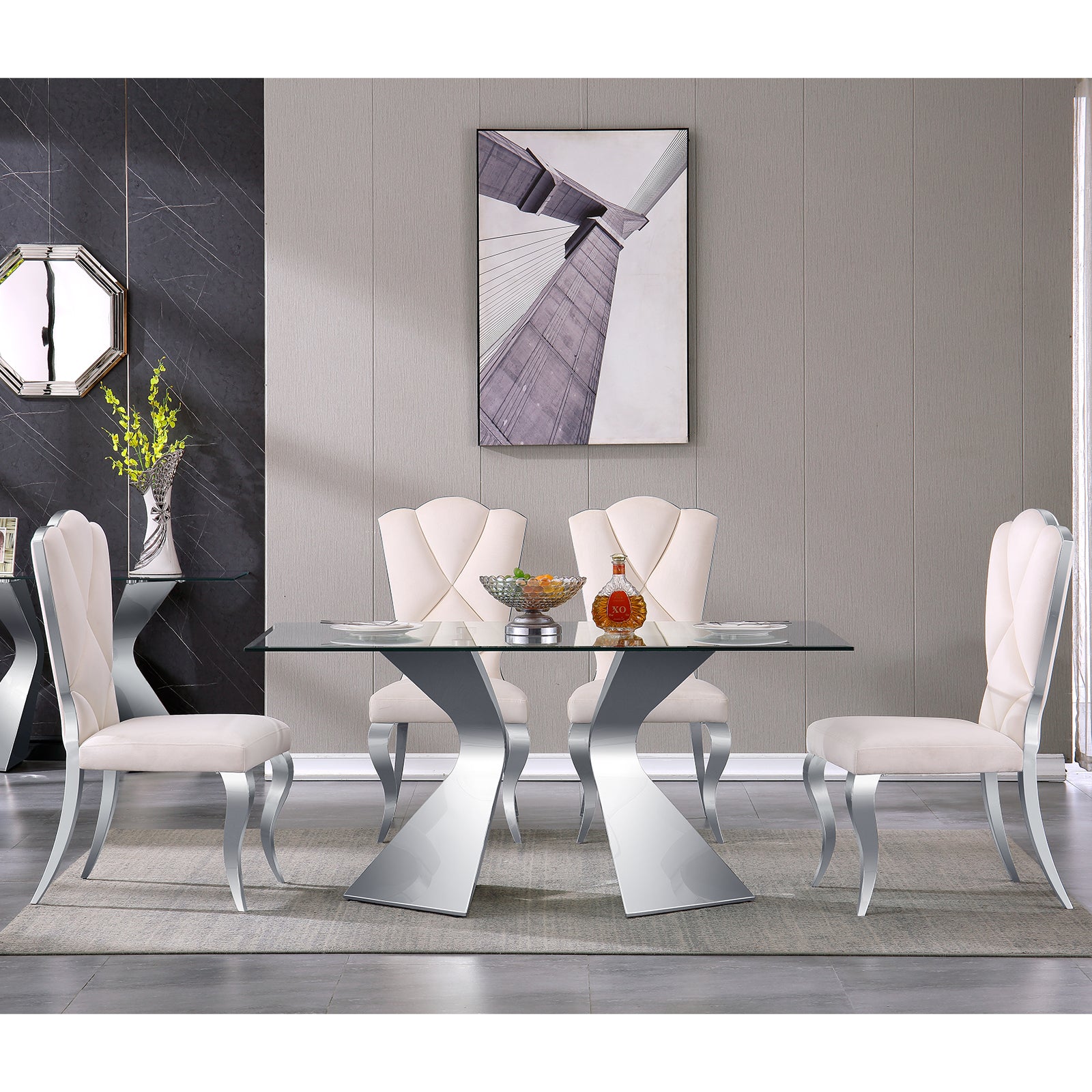 White velvet dining chairs | Cloud backrest design | Silver Metal legs | C141