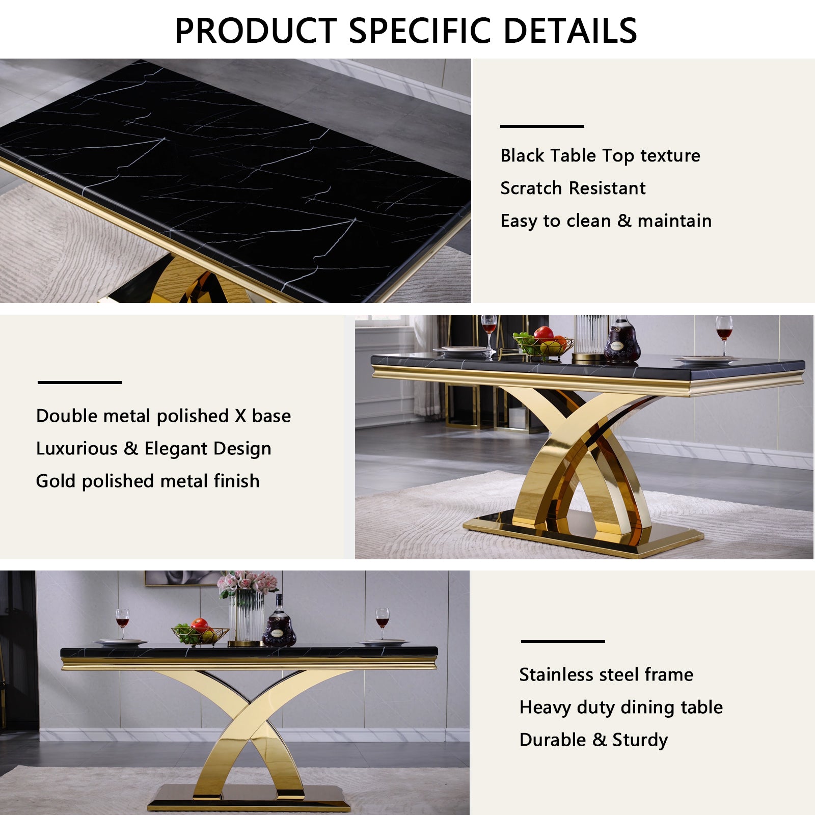 Black Gold DIning table | 65'' Rectangular Top | Metal Double X Base | T200