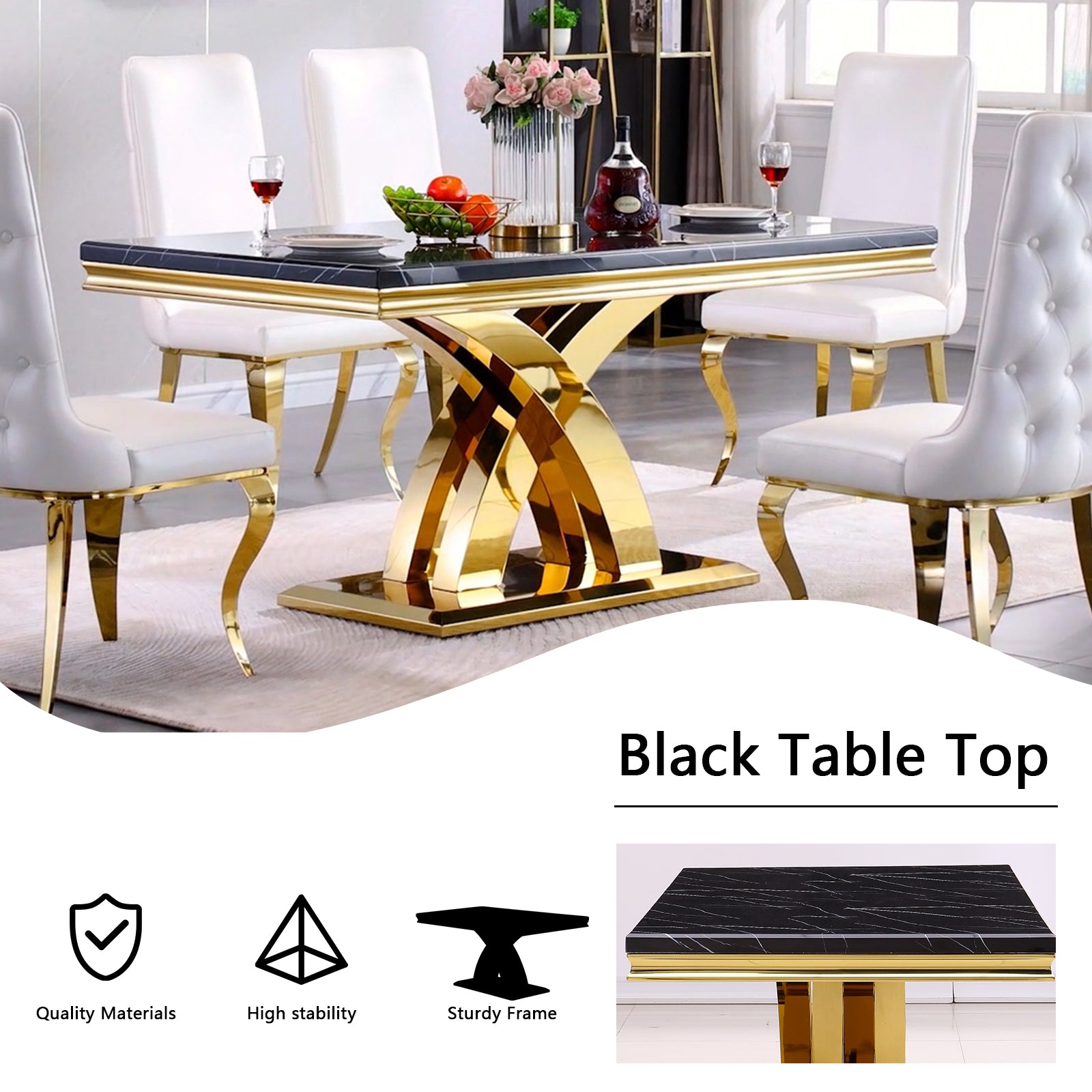 Black Gold DIning table | 65'' Rectangular Top | Metal Double X Base | T200