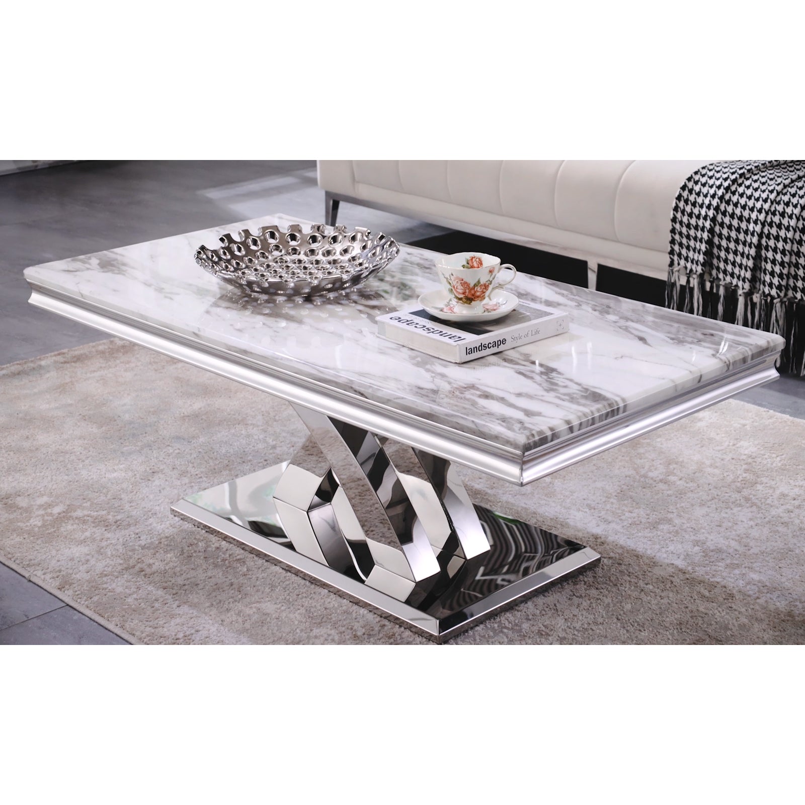 Silver Coffee Table with Metal Double X Base | F313