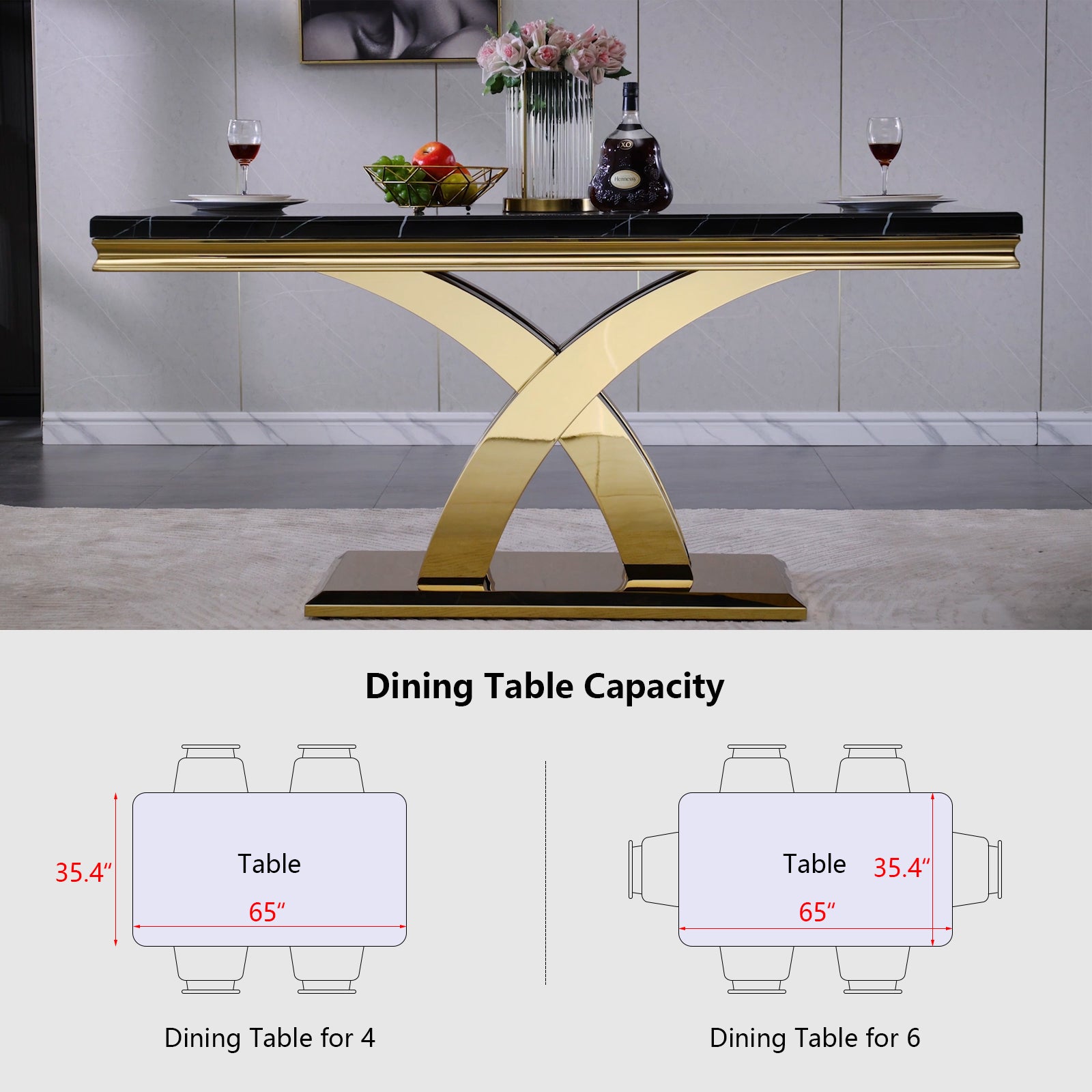 Black Gold DIning table | 65'' Rectangular Top | Metal Double X Base | T200