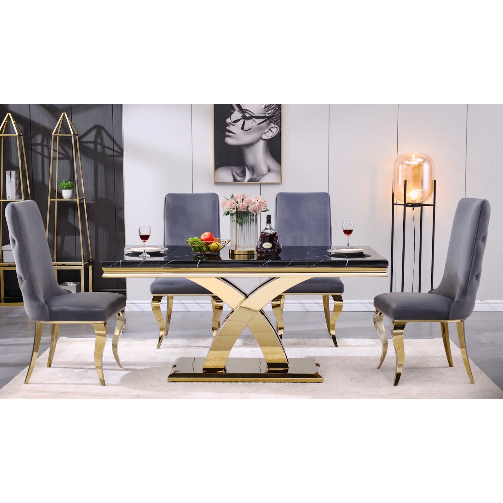 Black Gold DIning table | 65'' Rectangular Top | Metal Double X Base | T200