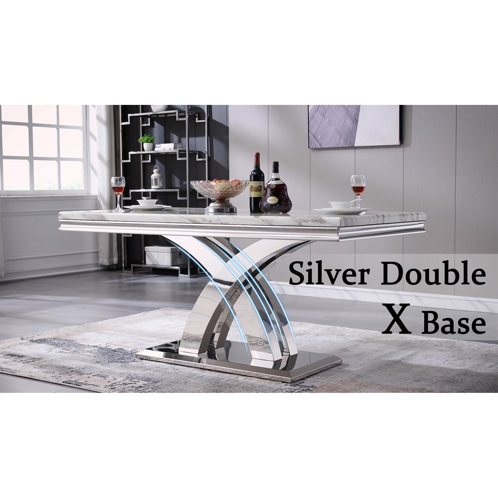 Gray Silver dining table | 65'' Rectangular Top | Metal Double X base | T201