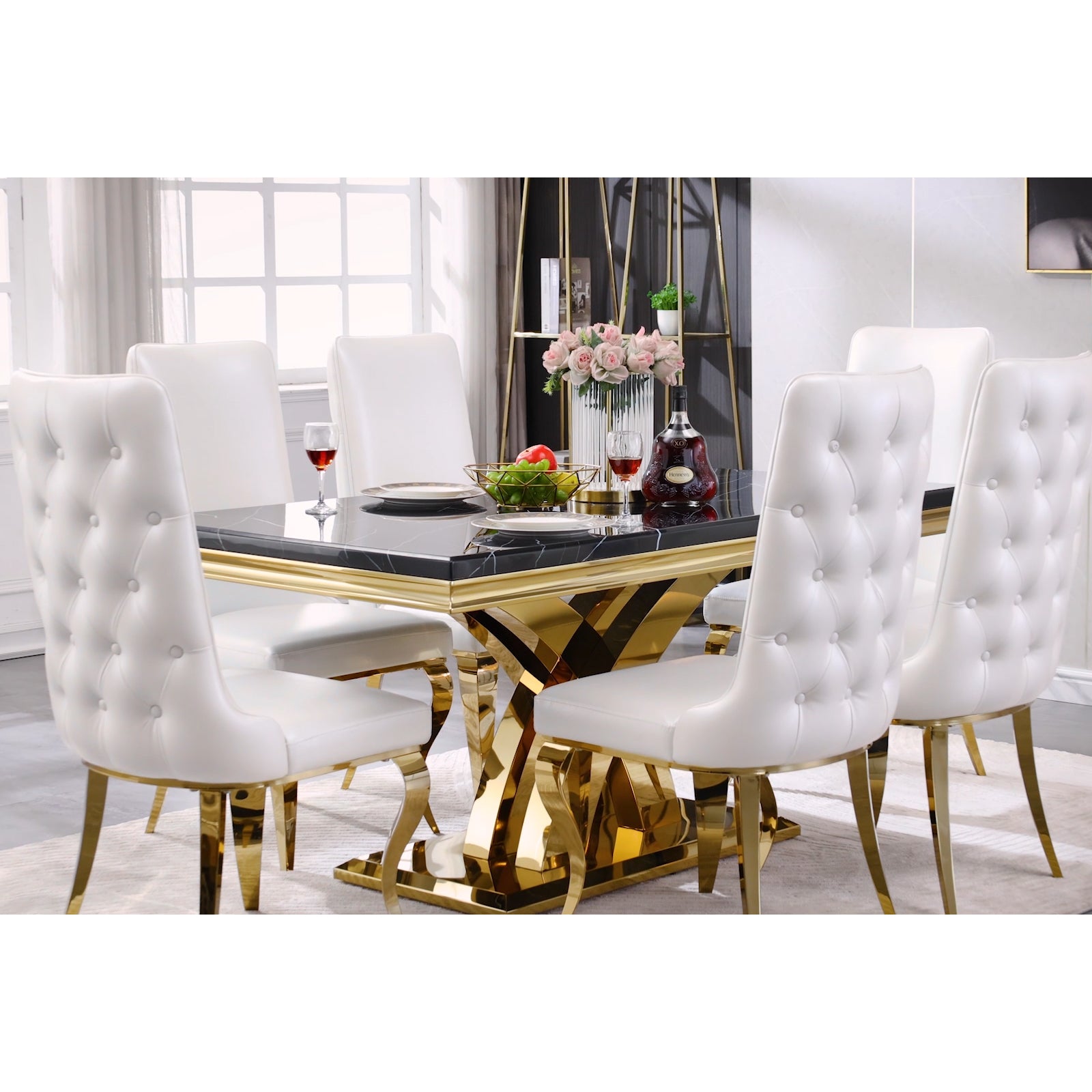 Black Gold DIning table | 65'' Rectangular Top | Metal Double X Base | T200