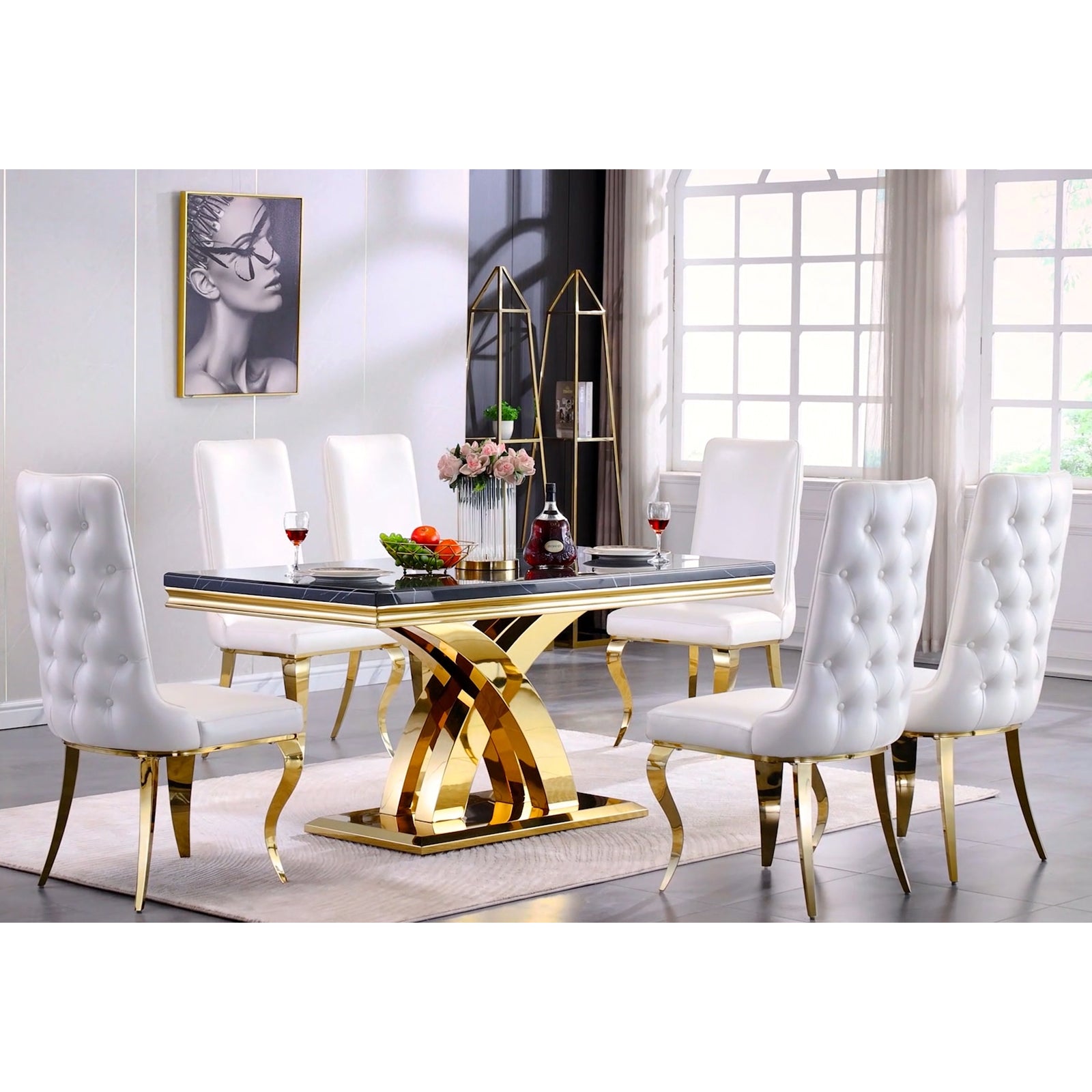 Black Gold DIning table | 65'' Rectangular Top | Metal Double X Base | T200