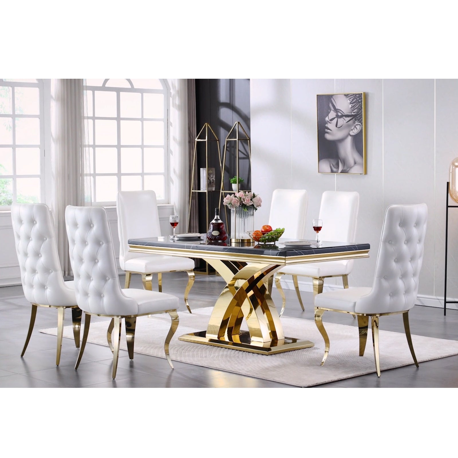 White and Gold leather Dining Chairs with Gold metal legs | C163