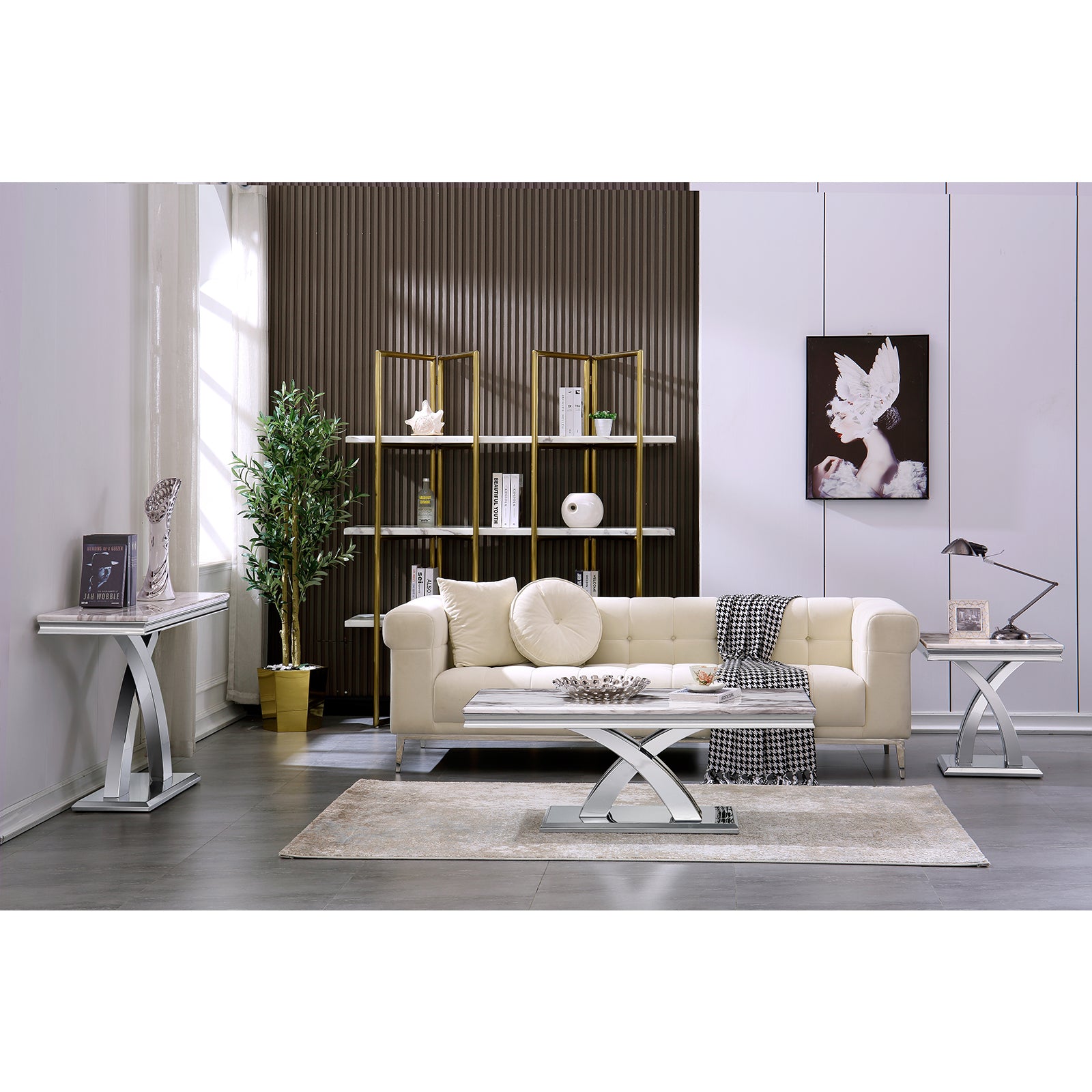 Silver End Table with Double X Pedestal | E417