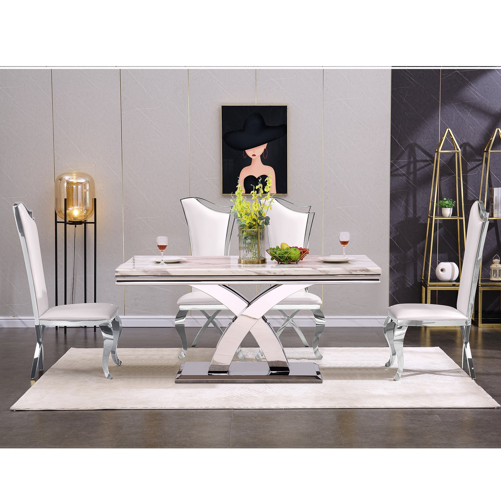 645-Set | AUZ White and Silver  Dining room Sets for 6