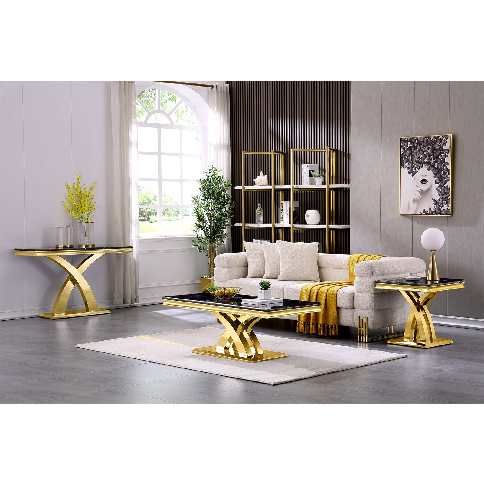 Gold Coffee Table with Metal Double X Base | F312