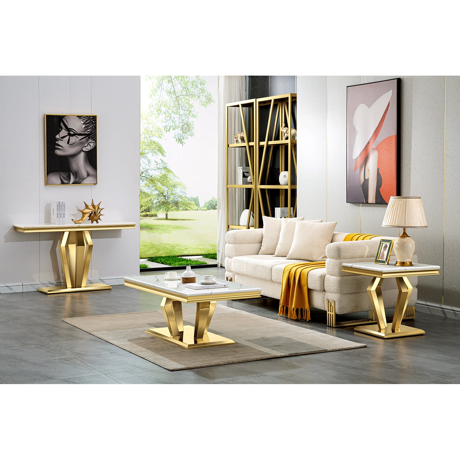 White Coffee Table With Gold Metal Four Geometric legs | F323