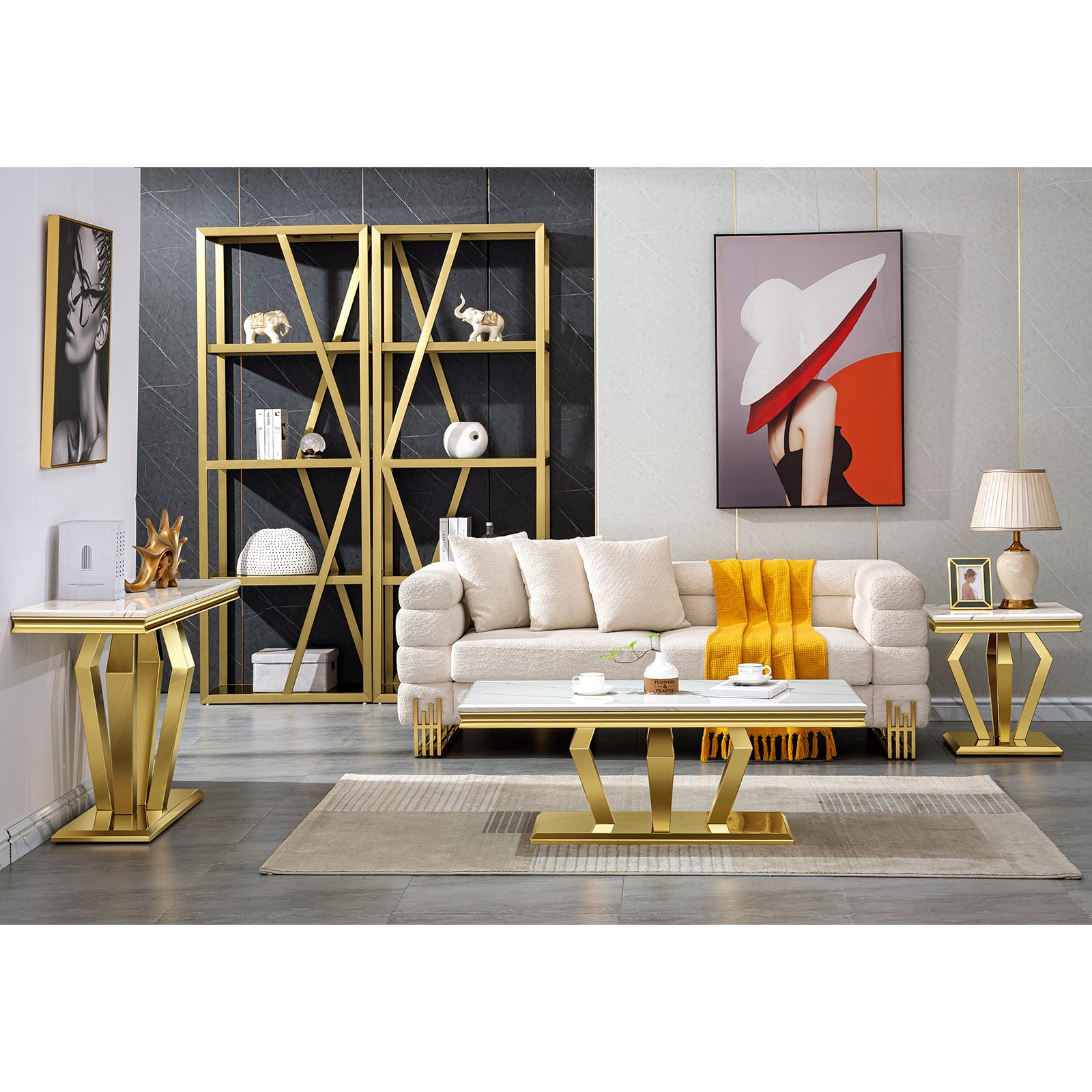 White Gold Living room table Set | Four Geometric legs  | L206