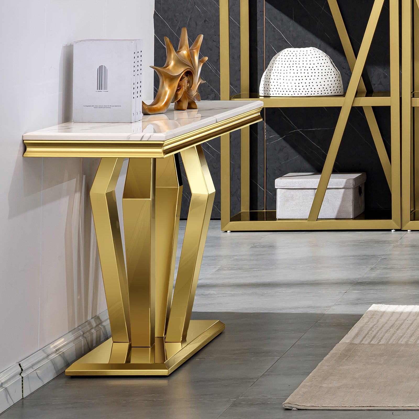 White Gold Sofa Table with metal Geometric Base | S509