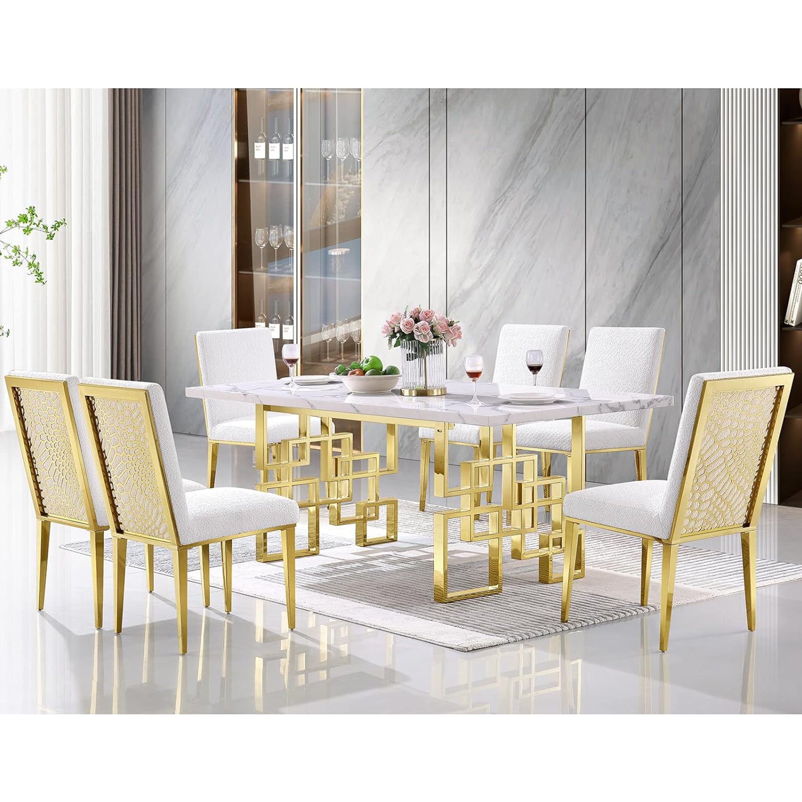 White dining table | 78" Rectangle Top | Gold Metal geometric legs | T219