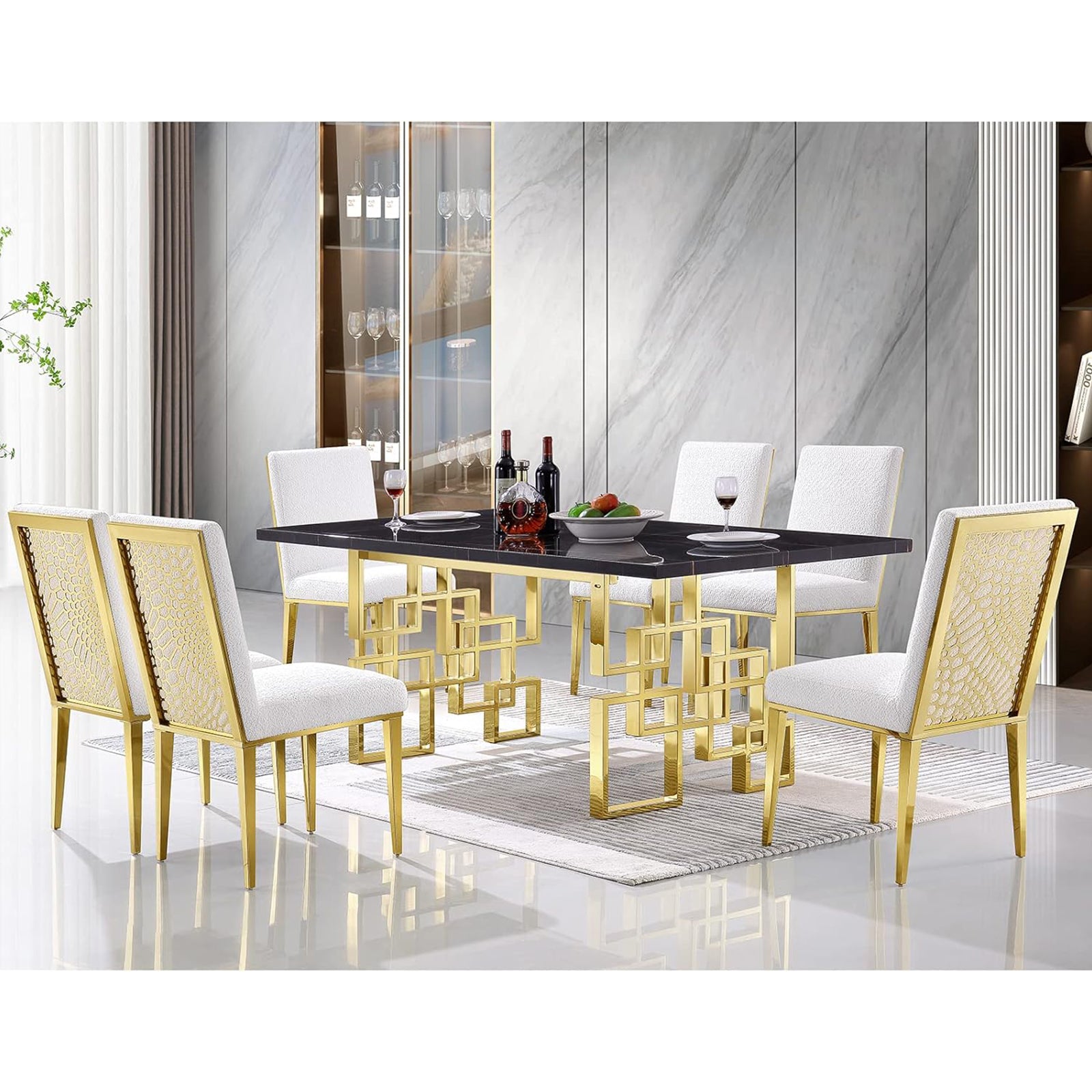 Black dining table | 78" Rectangle Top | Gold Metal geometric legs | T218