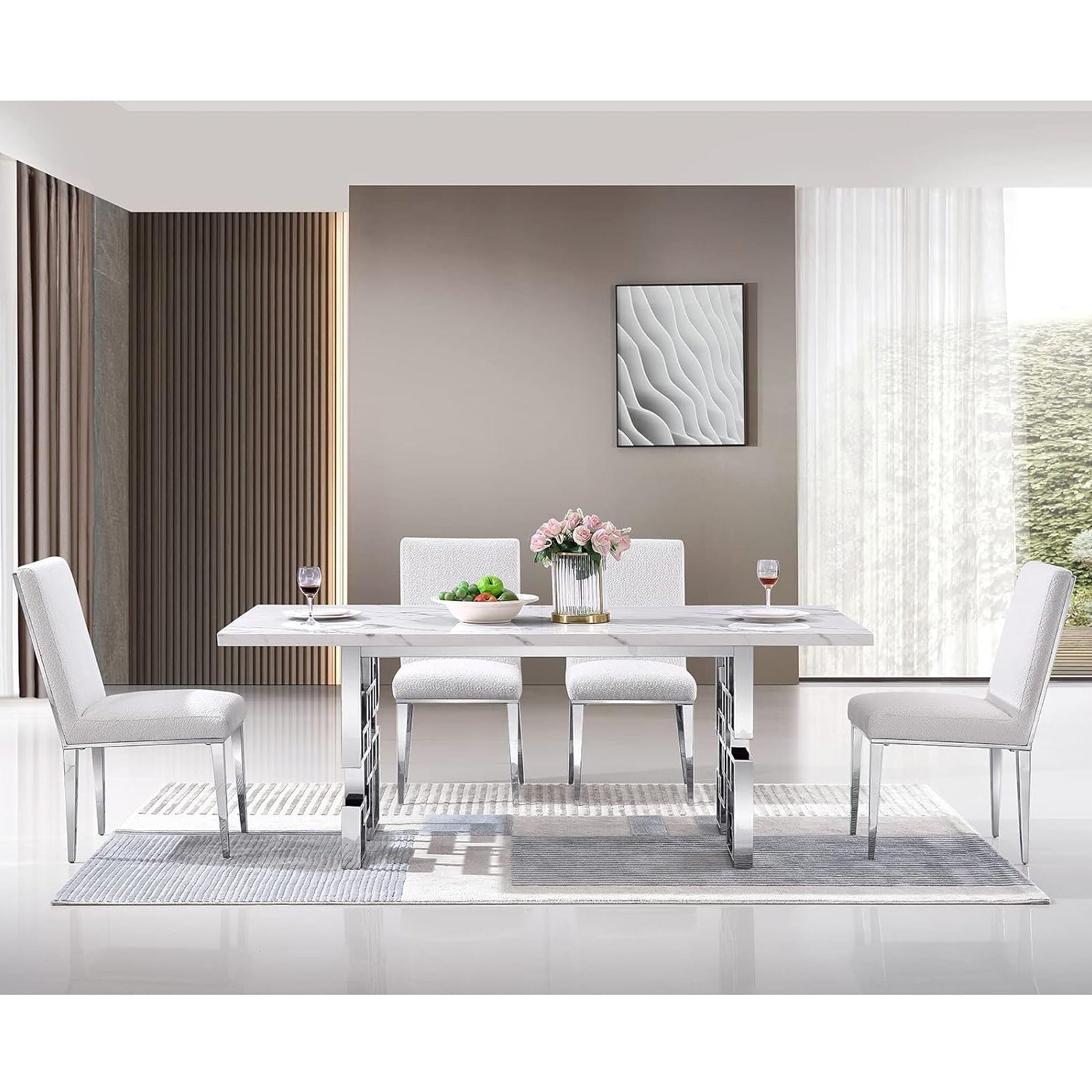 White dining table | 78" Rectangle Top | Silver Metal geometric legs | T216