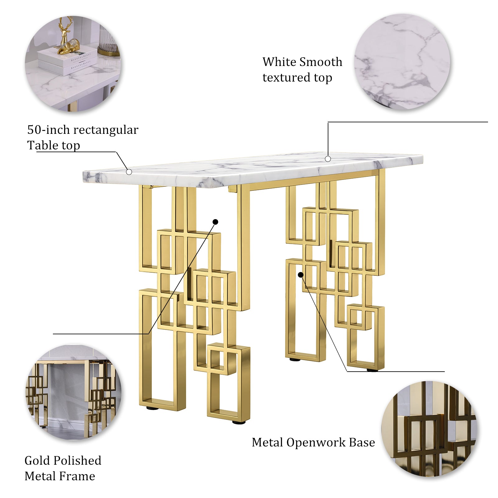 AUZ White Gold Sofa table with geometric legs | S521