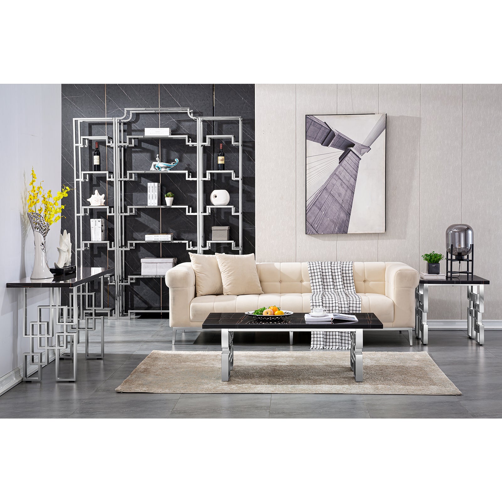 Black Silver Sofa table with geometric legs | S520