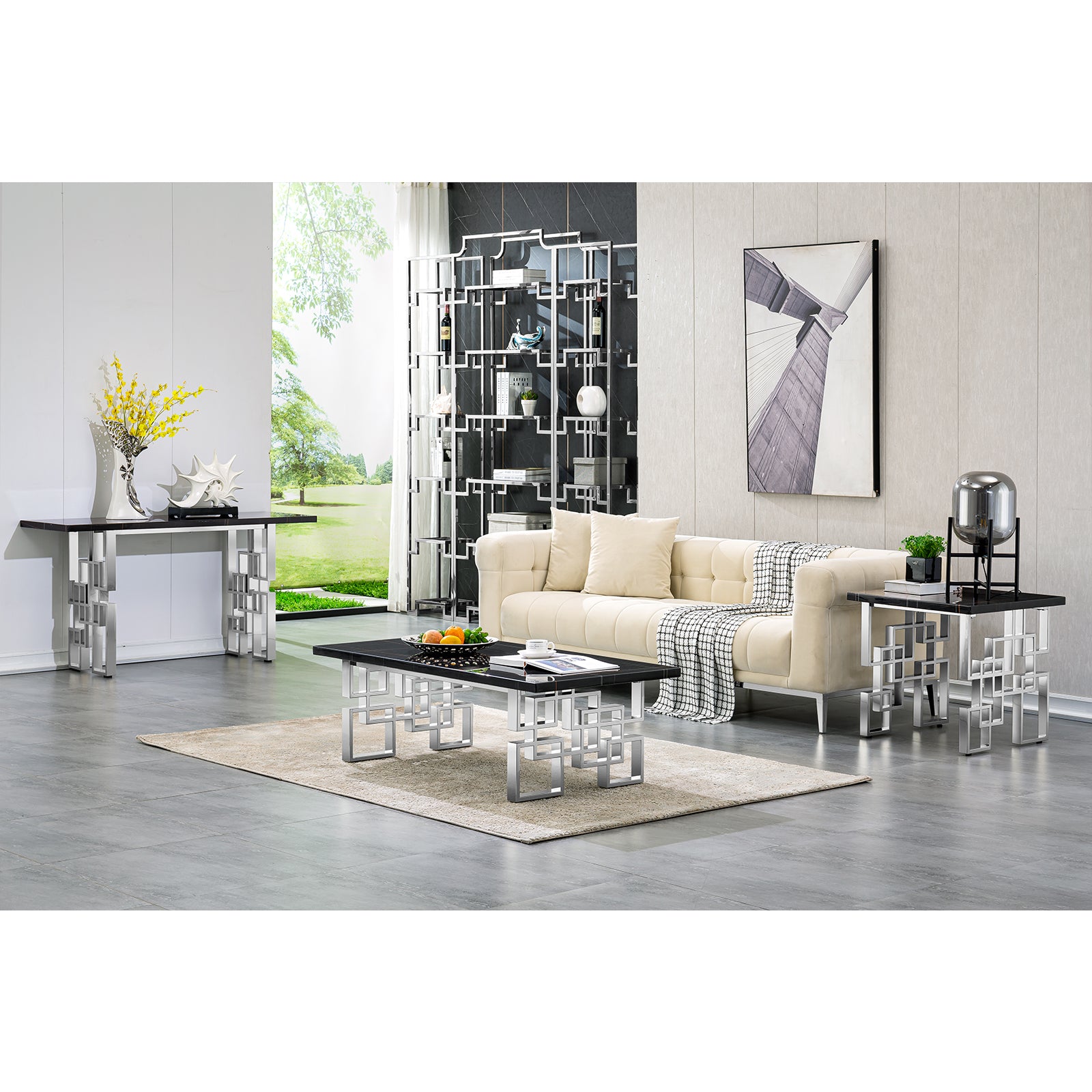 Black Silver Living room table Set | MetalGeometric Base | L218