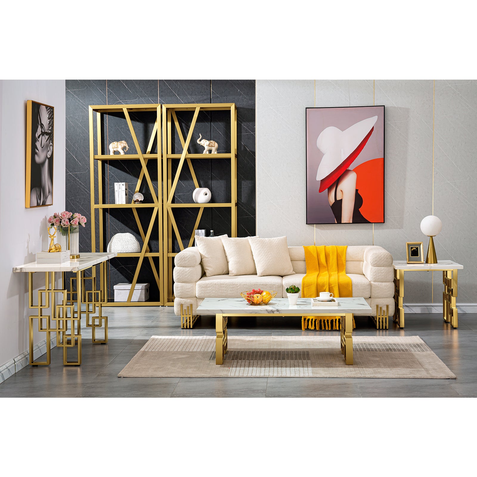 White Gold Living room table Set| MetalGeometric Base | L217