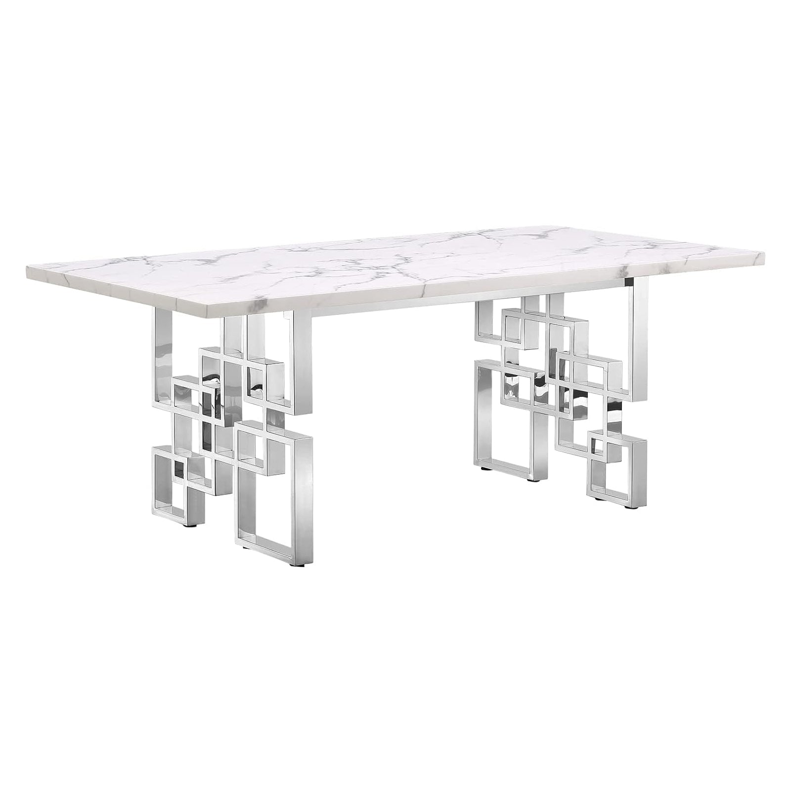 White dining table | 78" Rectangle Top | Silver Metal geometric legs | T216