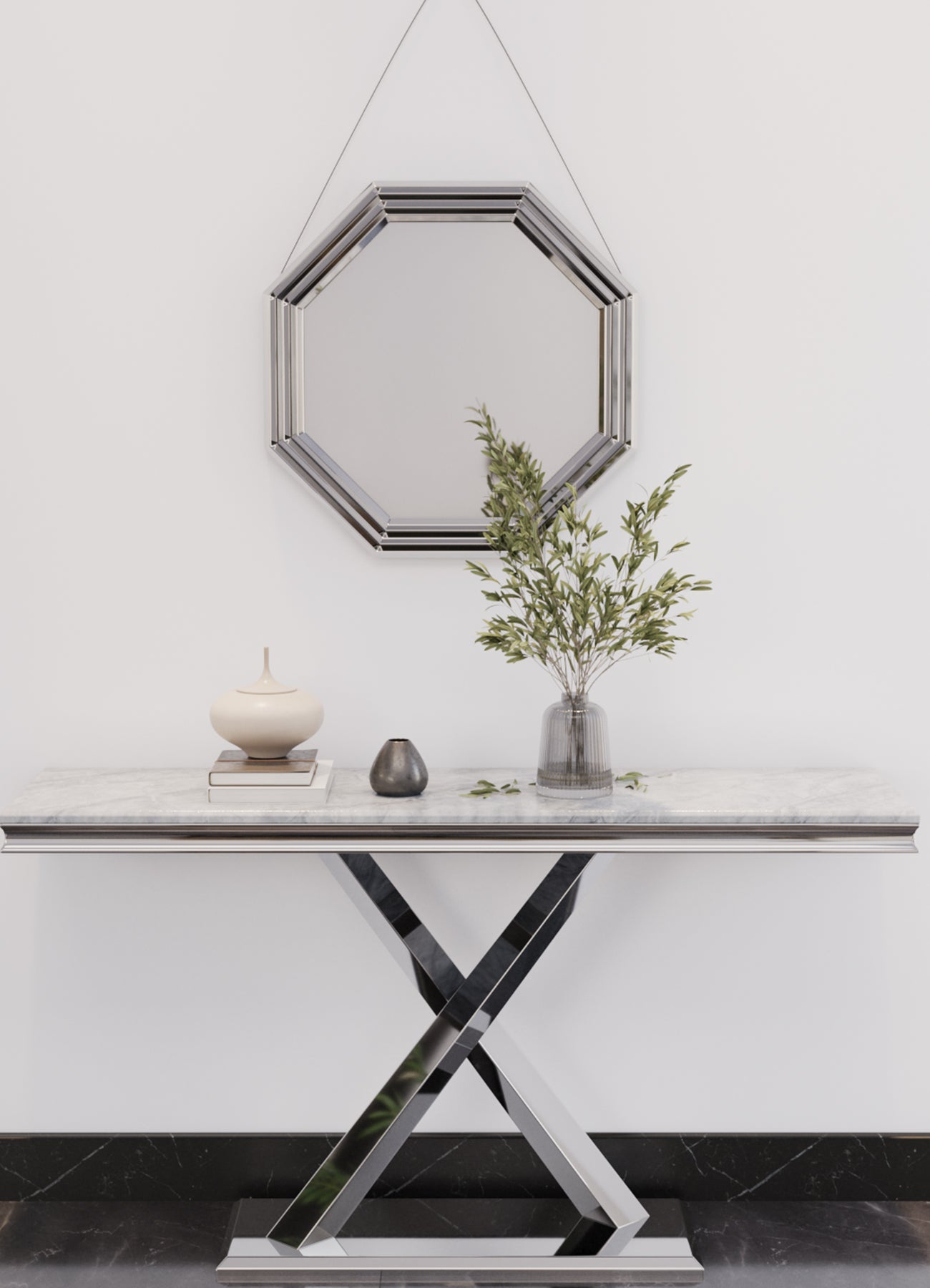Silver  24" Octagon Geometric Mirror Wall | W100