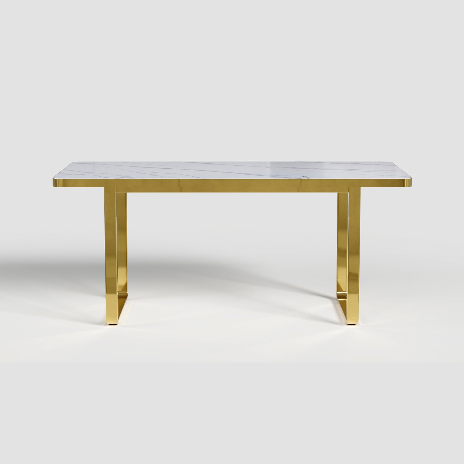 Dining room table with white glossy stone top and gold Metal U-Base for 6-Seat | T203