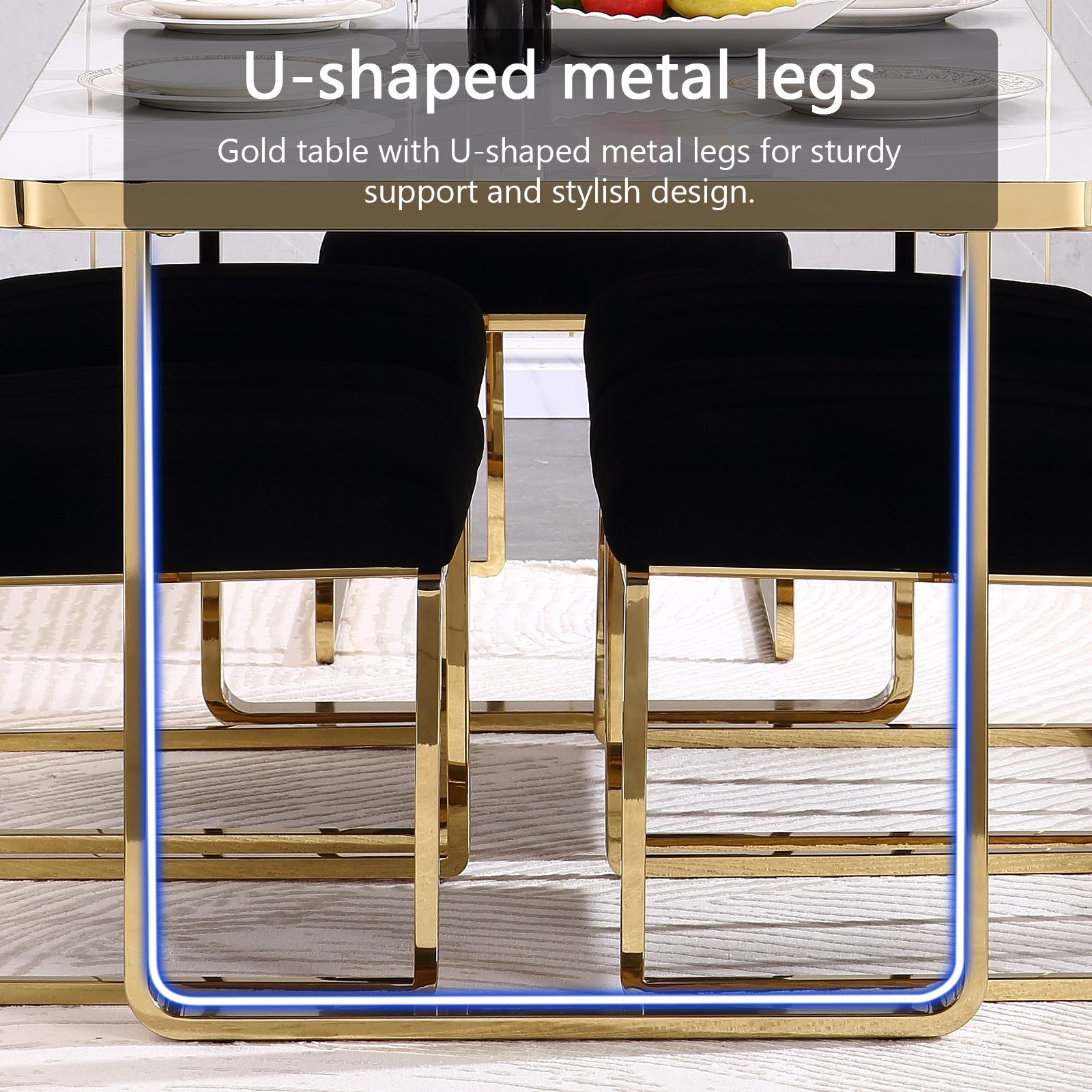 Dining room table with white glossy stone top and gold Metal U-Base for 6-Seat | T203