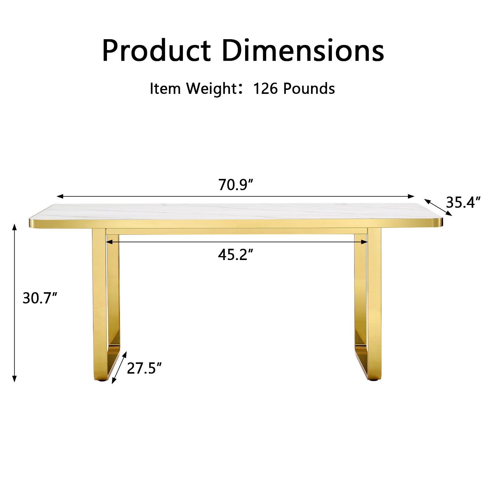 Dining room table with white glossy stone top and gold Metal U-Base for 6-Seat | T203