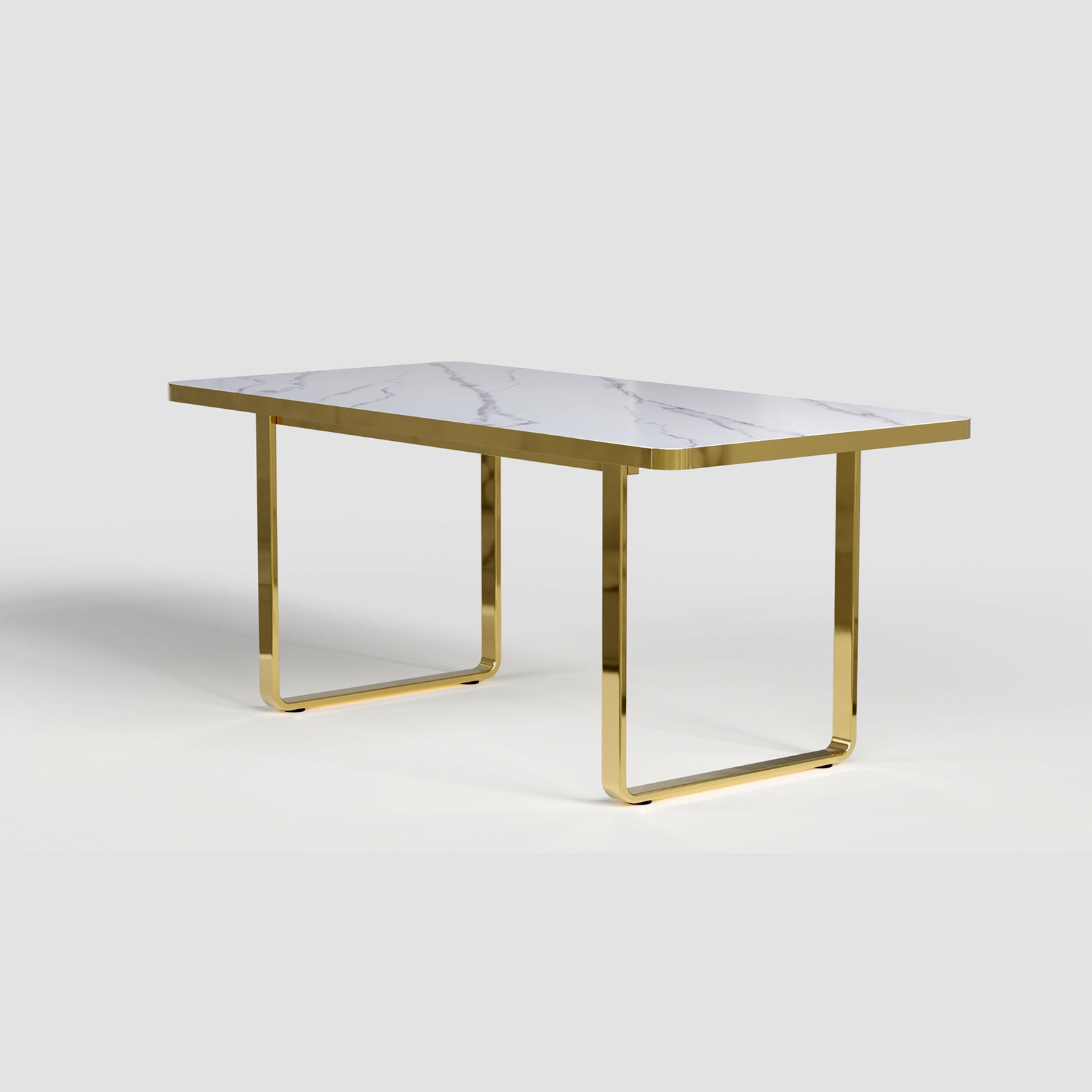 Dining room table with white glossy stone top and gold Metal U-Base for 6-Seat | T203