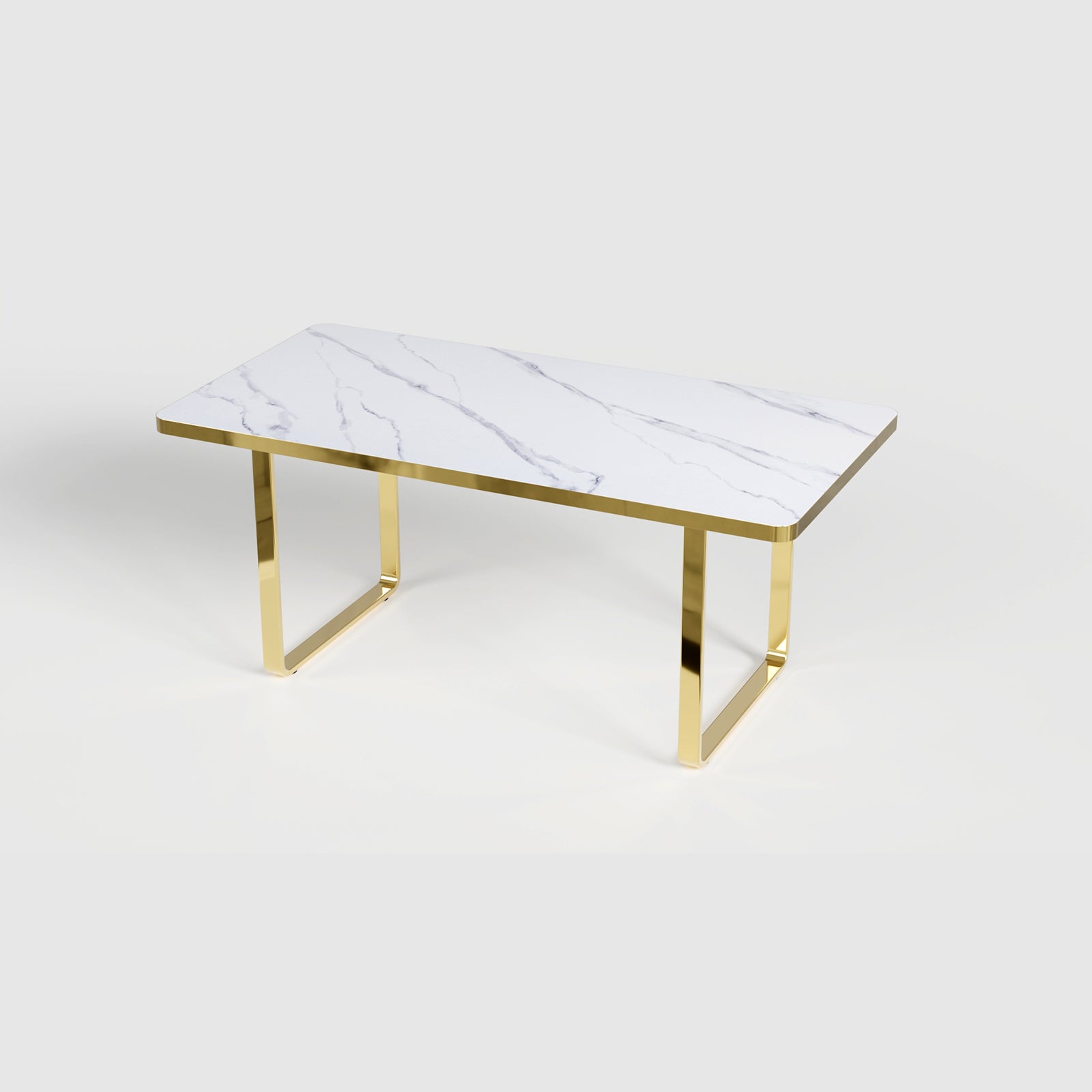 Dining room table with white glossy stone top and gold Metal U-Base for 6-Seat | T203