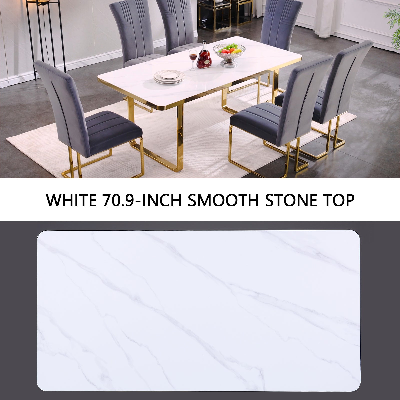 Dining room table with white glossy stone top and gold Metal U-Base for 6-Seat | T203