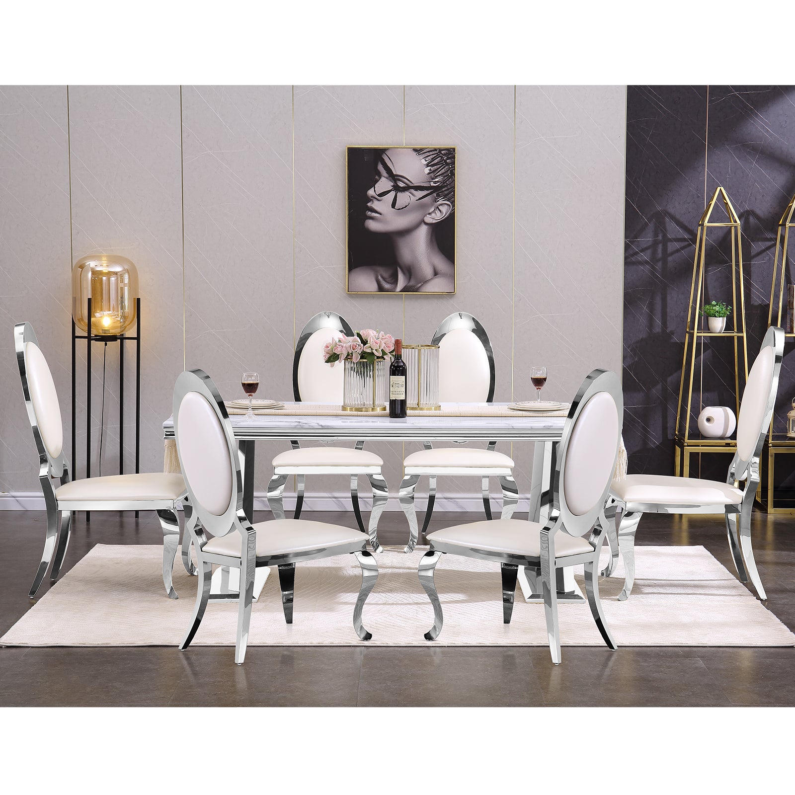 705 Set | AUZ White and Silver Dining room Sets for 6